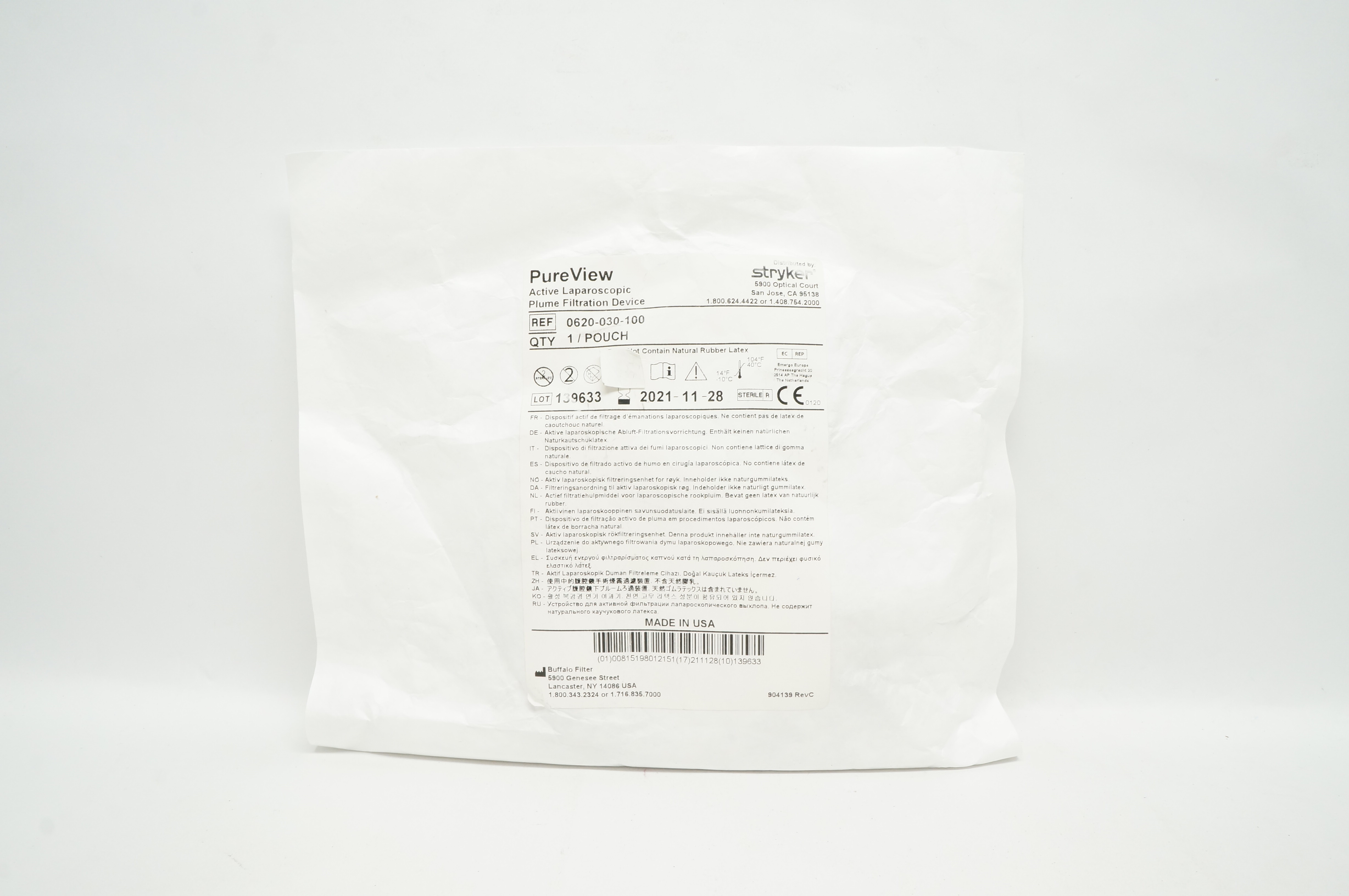 Stryker 0620-030-100 PureView Active Laparoscopic Plume Filtration Device