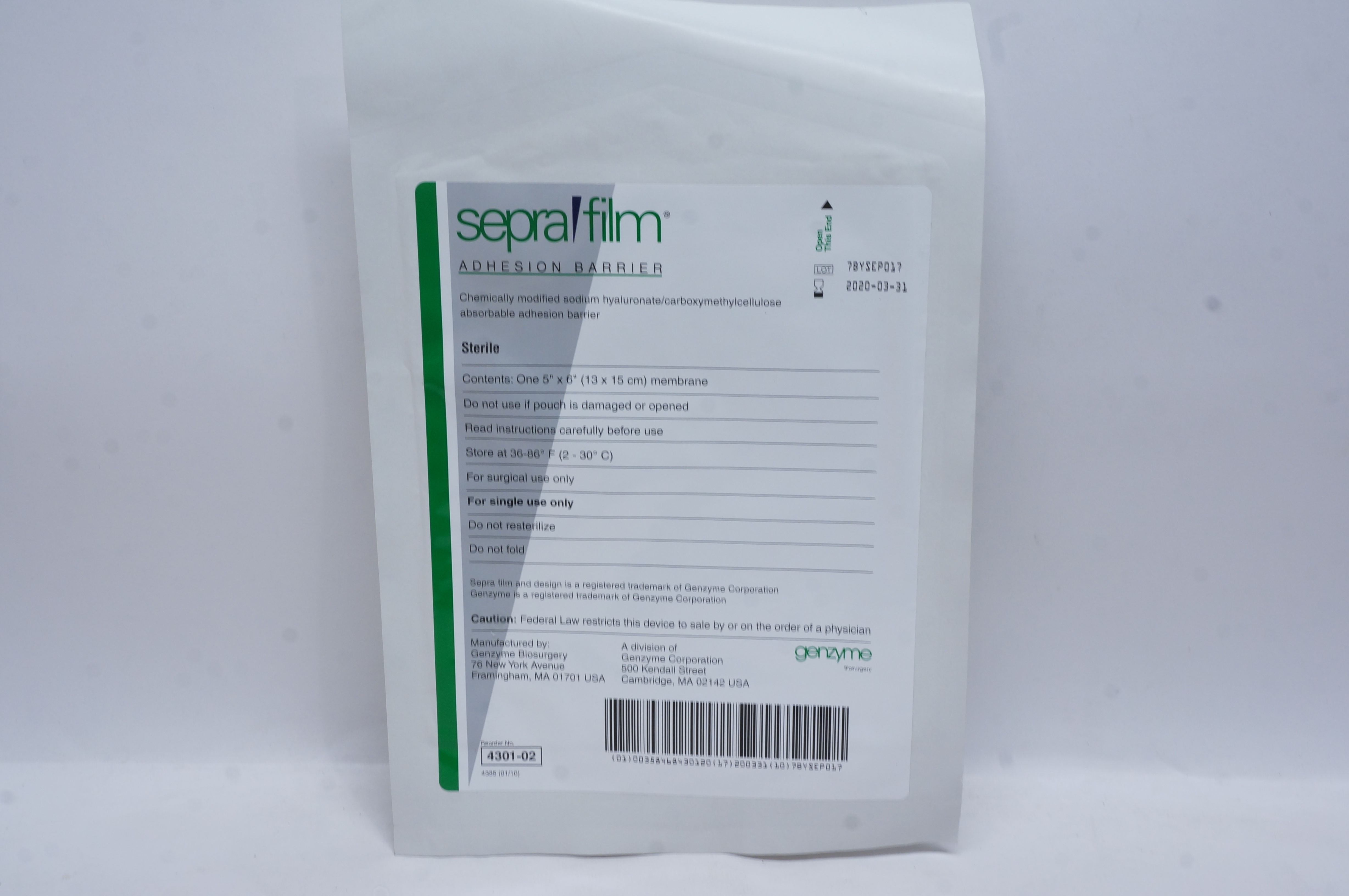 Genzyme 4301-02 Sepra Firm Adhesion Barrier 5inch x 6inch (x)