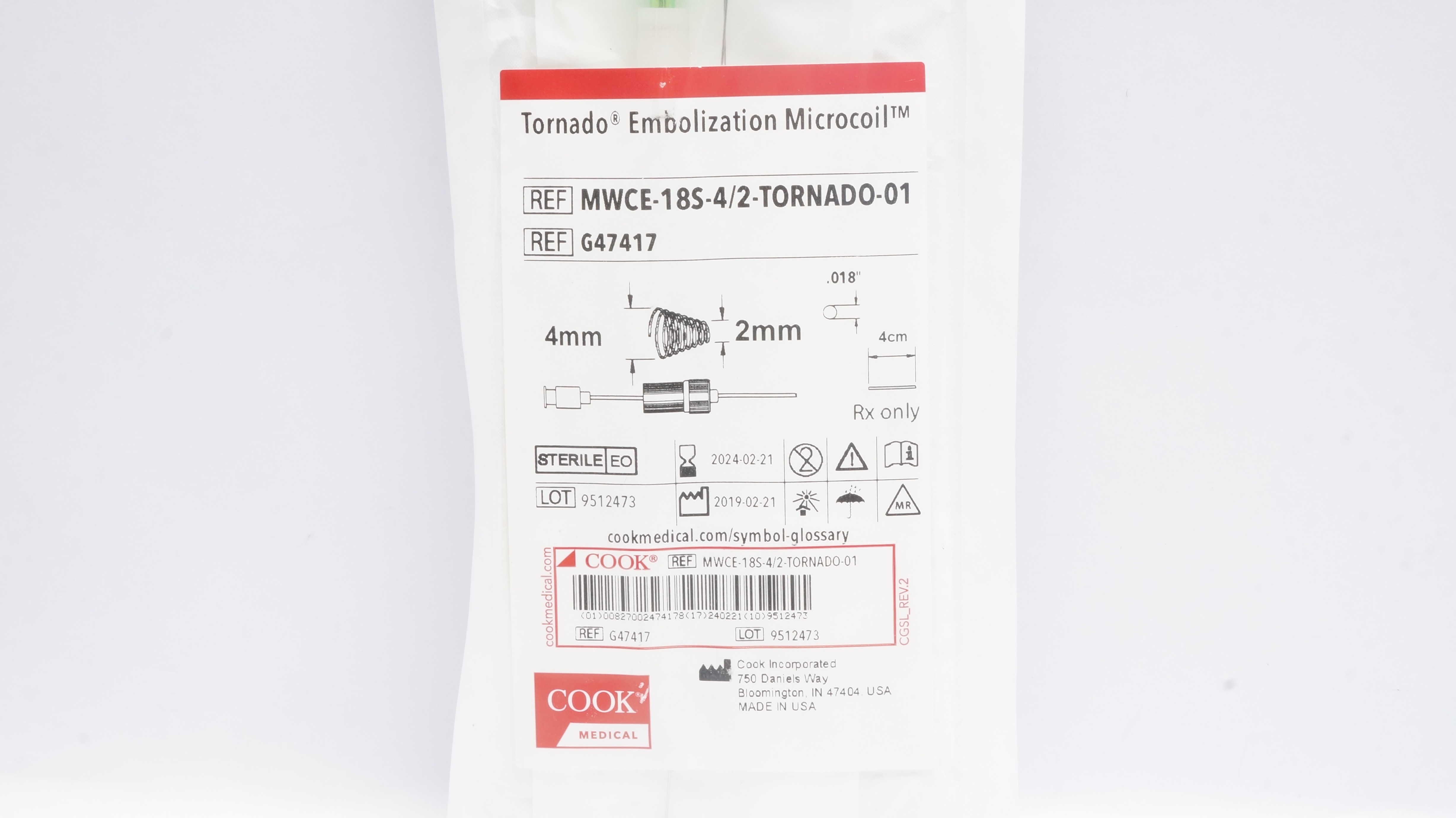 Cook Medical G47417 Tornado Embolization Microcoil .018inch x 4cm, 4-2mm (x)