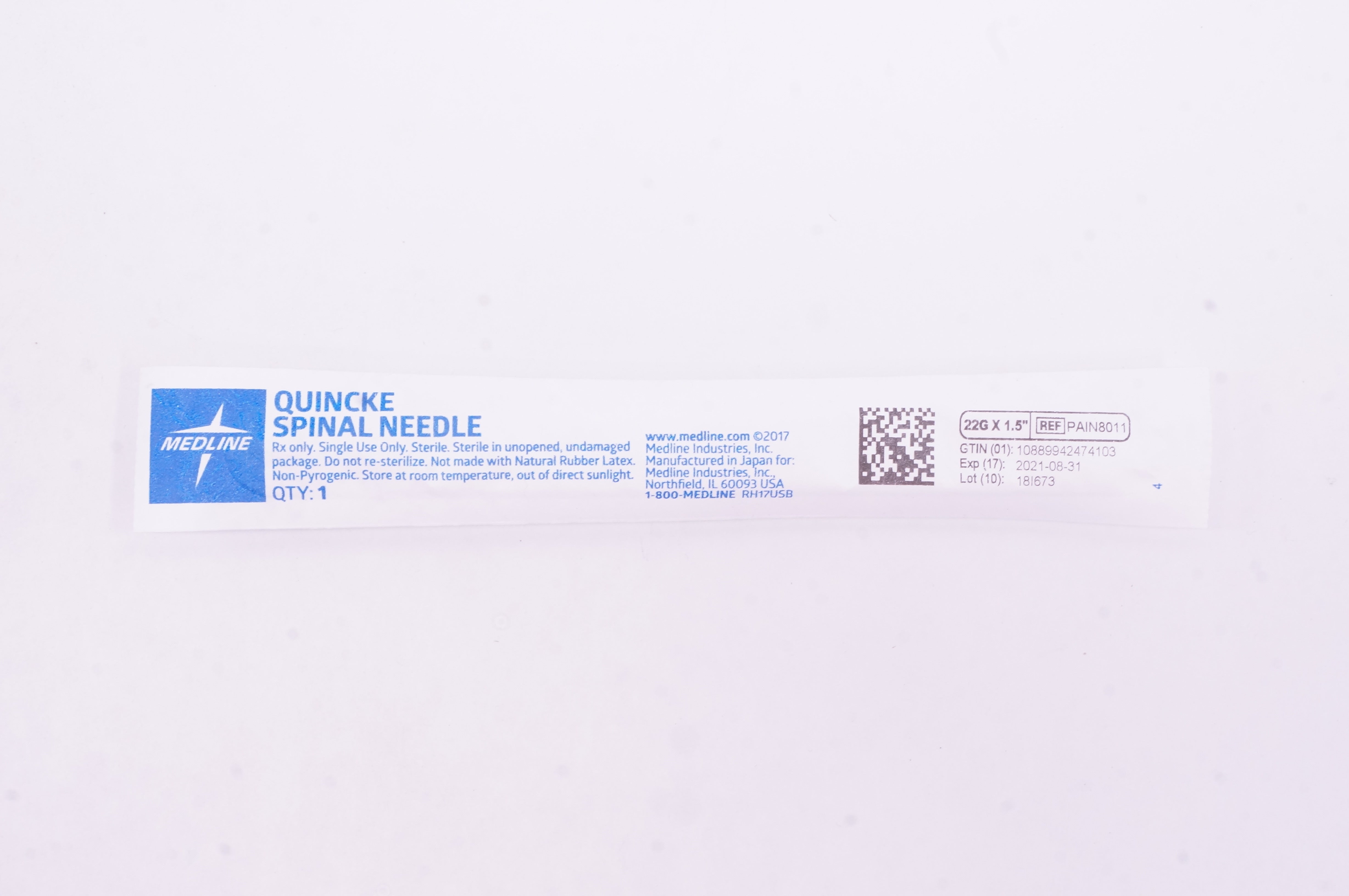 Medline PAIN8011 Quincke Spinal Ndle 22G x 1.5 inch