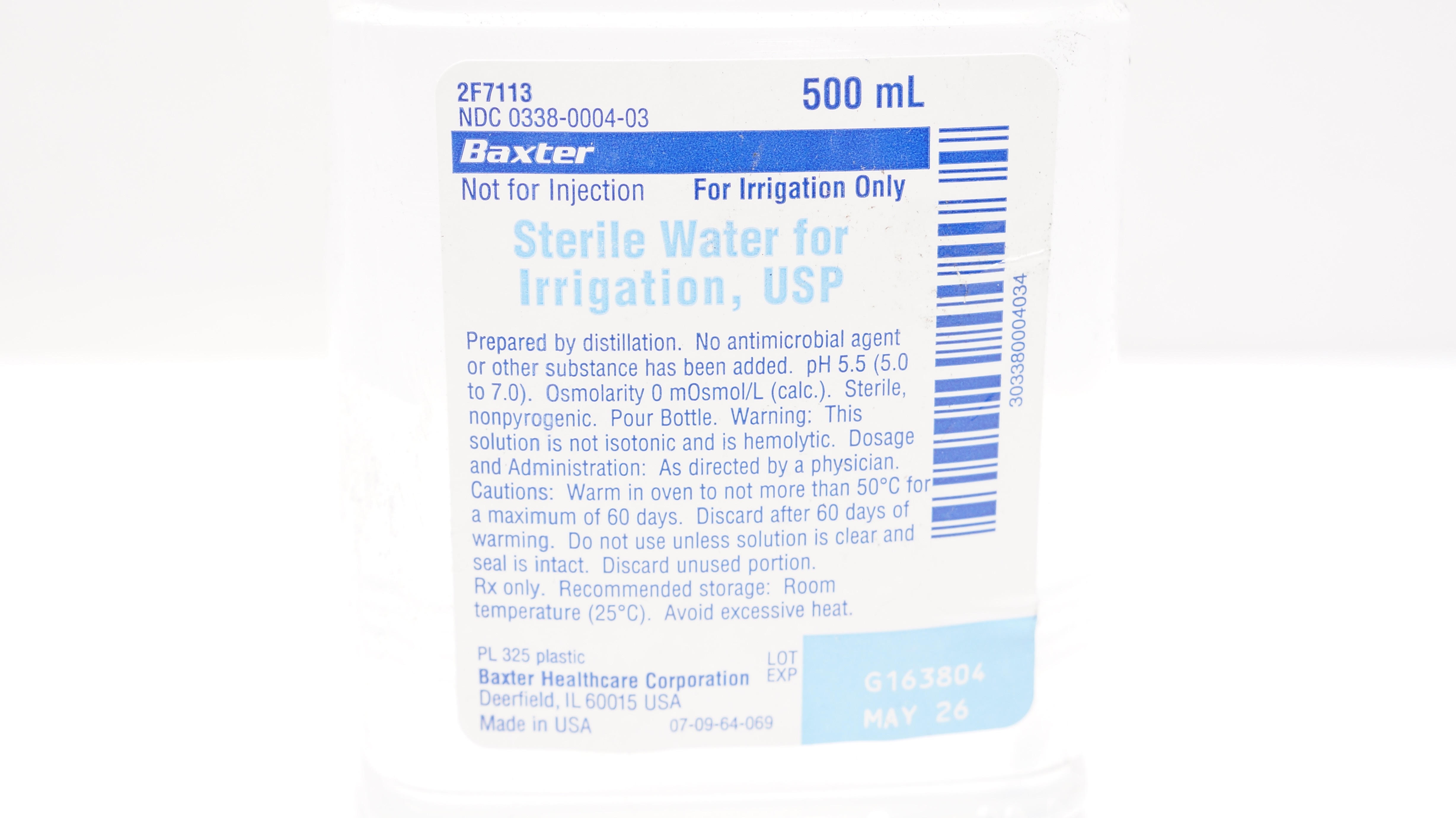 Baxter 2F7113 Sterile Water for Irrigation USP 500 mL