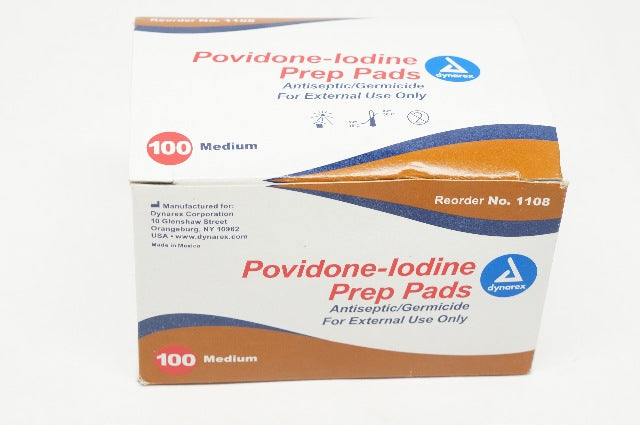 Dynarex 1108 Povidone-Iodine Prep Pads Antiseptic/Gernicide Medium - Box of 100