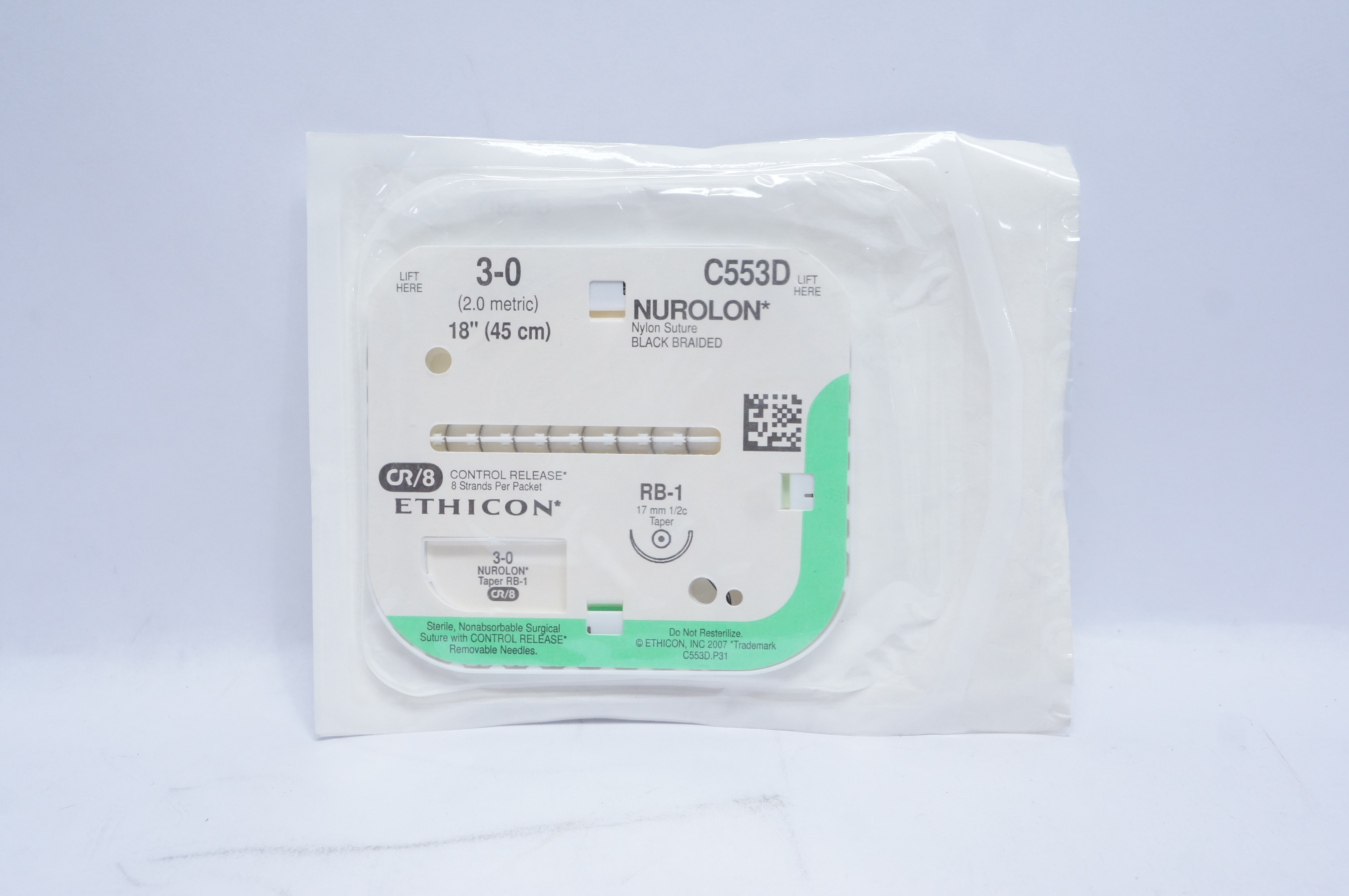 Ethicon C553D 3-0 NUROLON, RB-1, 17mm 1/2c Taper, 18inch