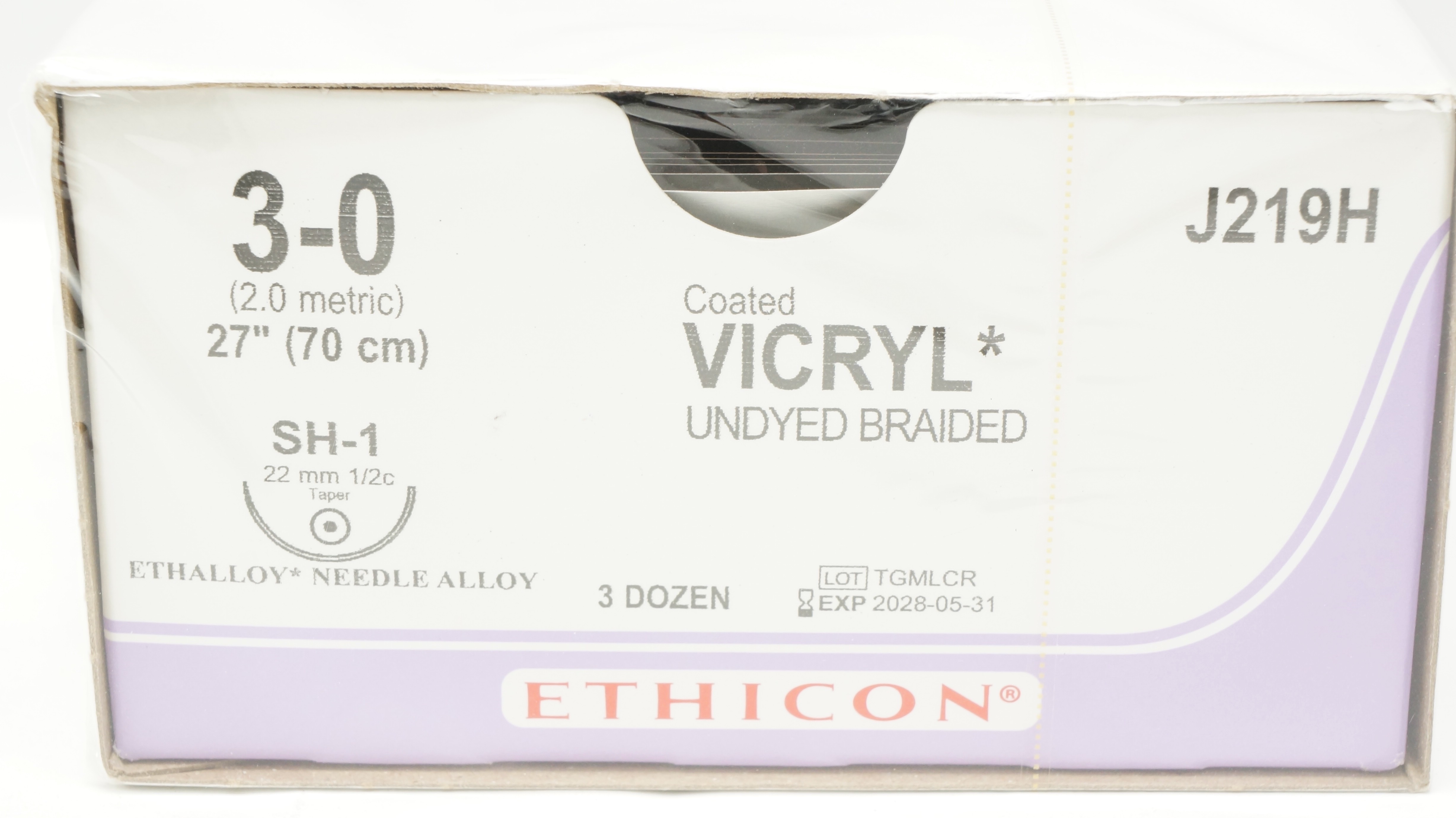 Ethicon J219H 3-0 Coated Vicryl Stre SH-1 22mm 1/2c Taper, 27inch - Box of 36