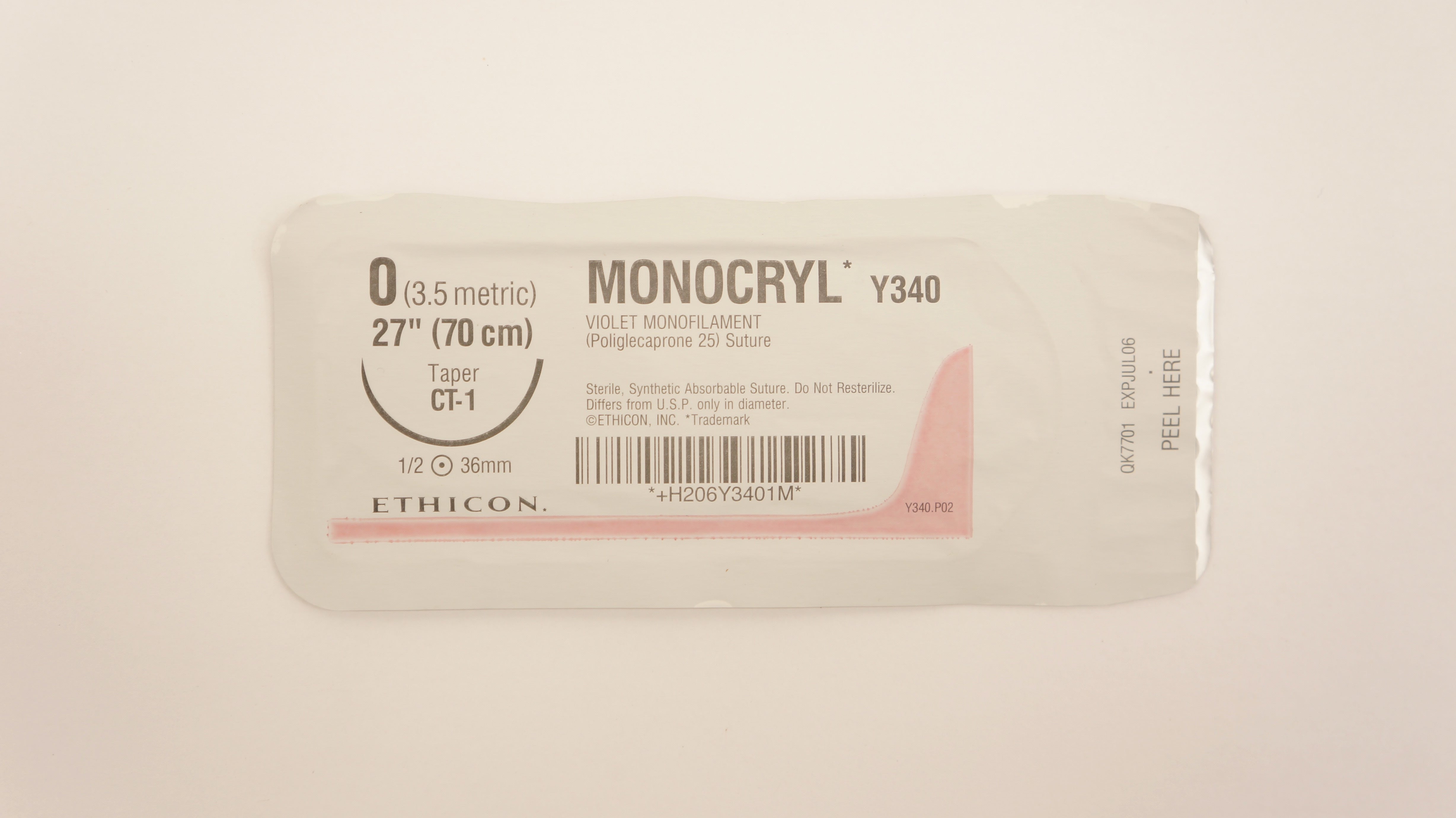 Ethicon Y340 0 MONOCRYL Violet Monofilament Stre Taper CT-1 1/2 36mm, 27inch (x)