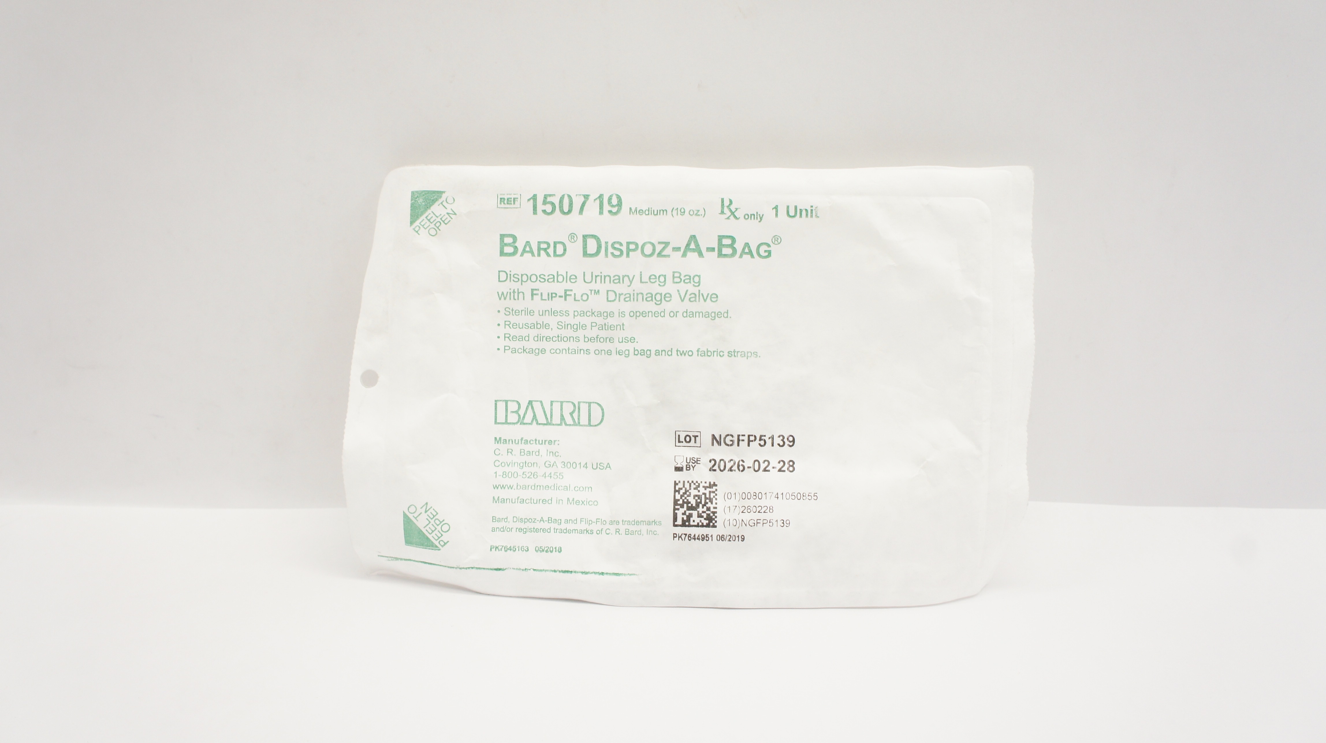 Bard 150719 Dispoz-A-Bag Disposable Urinary Leg Bag Medium 19oz.