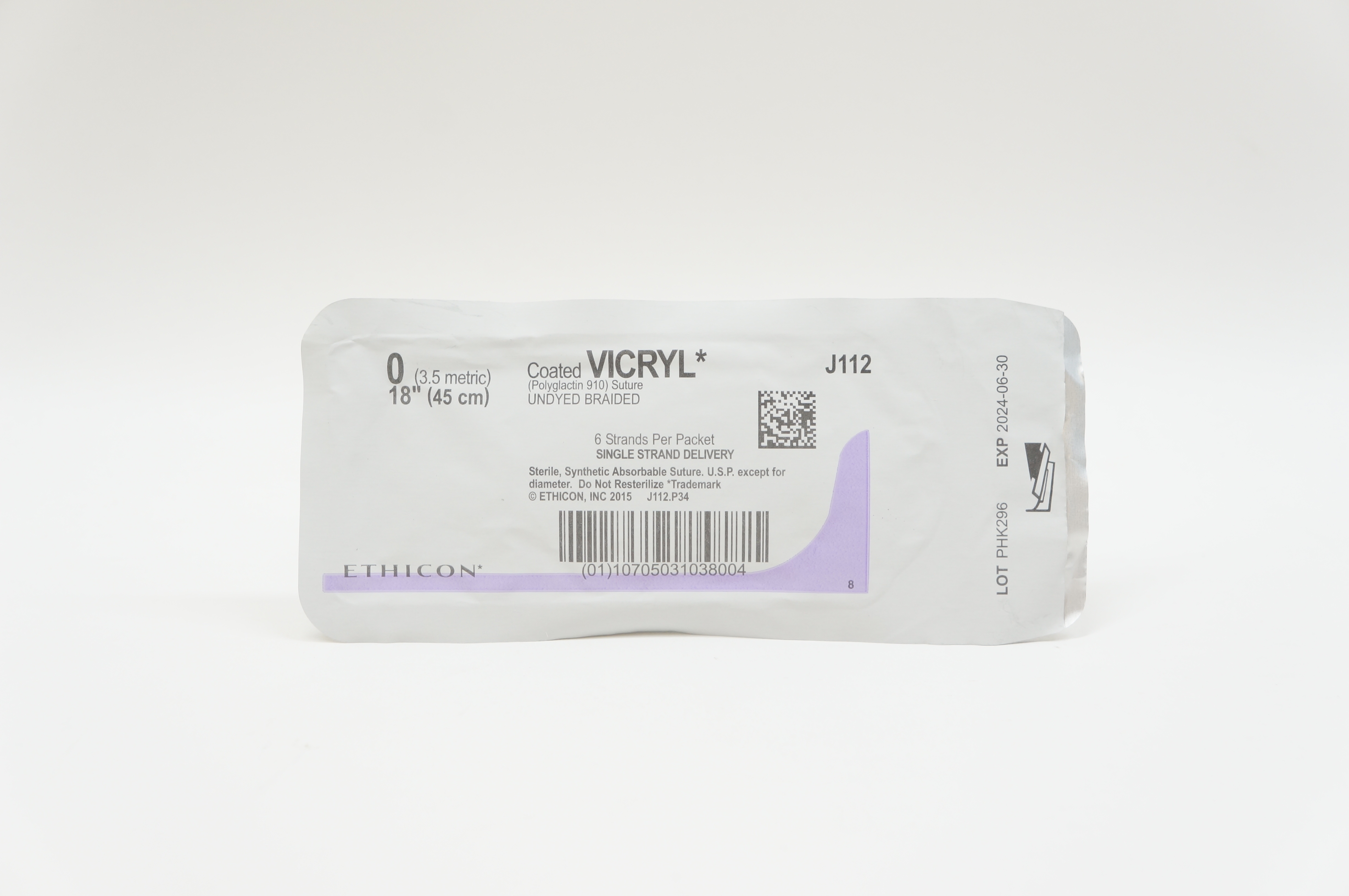 Ethicon J112 0 VICRYL, Undyed Braided, 18inch