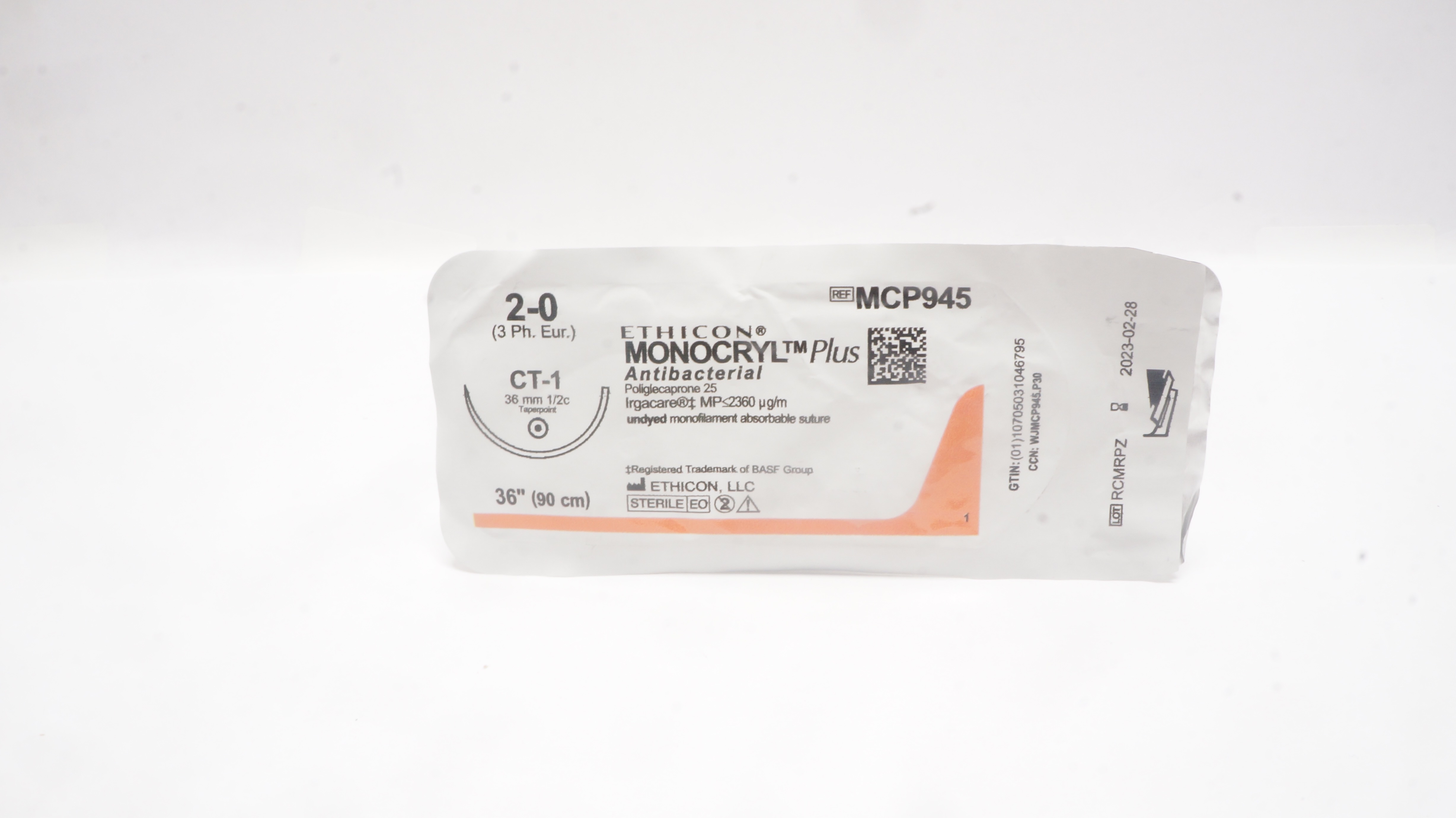 Ethicon MCP945 2-0 MONOCRYL Plus, CT-1, 36mm 1/2c Taper, 36inch (x)