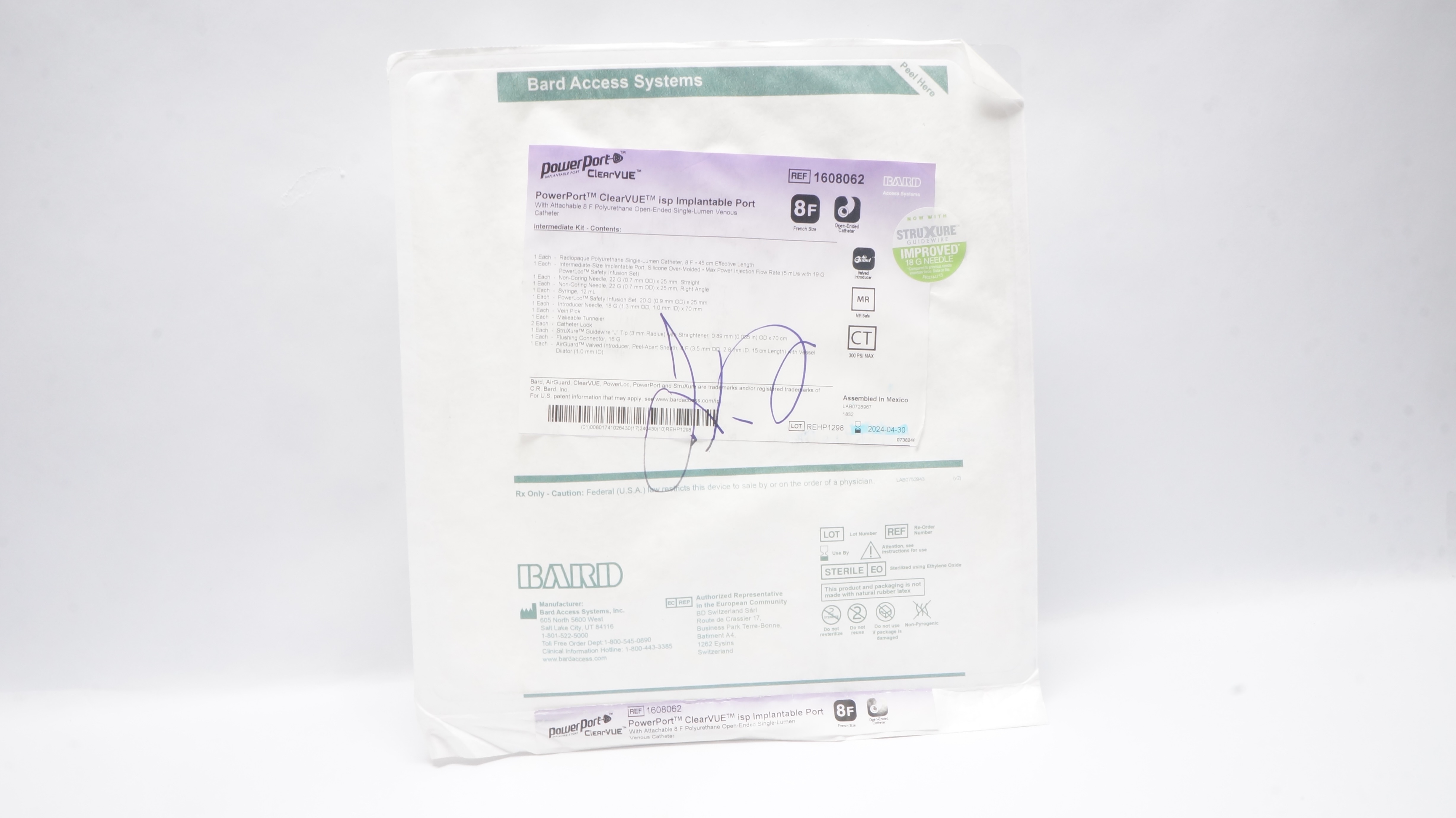 Bard 1608062 PowerPort ClearVue Isp Implantable Port w/ Cath. 8F (x)