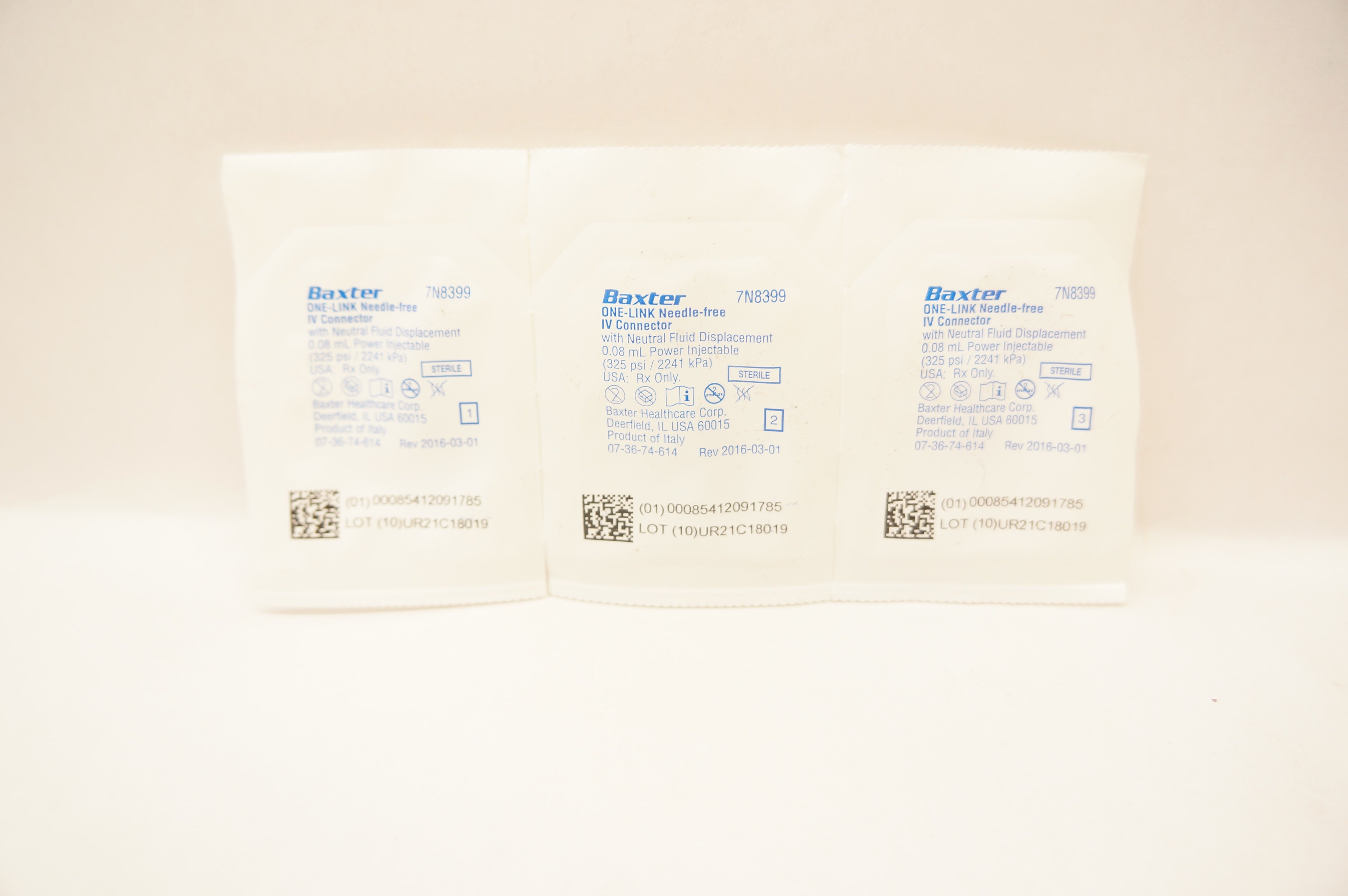 Baxter 7N8399 One-Link Ndle-Free IV Connector 0.08mL Power Injectable -Pack of 3