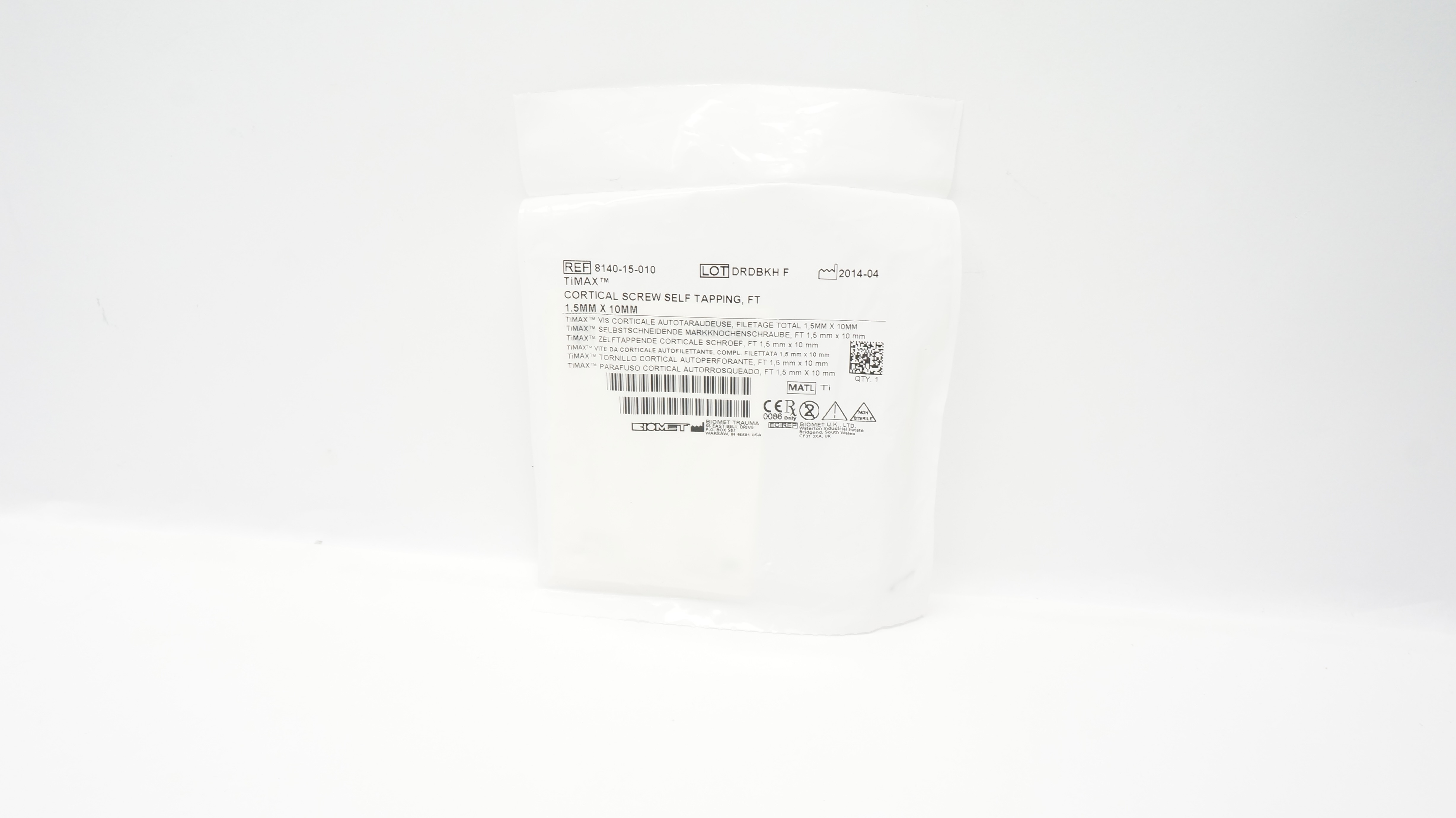 Biomet 8140-15-010 Timax Cortical Screw Self Tapping, FT, 1.5mm x 10mm