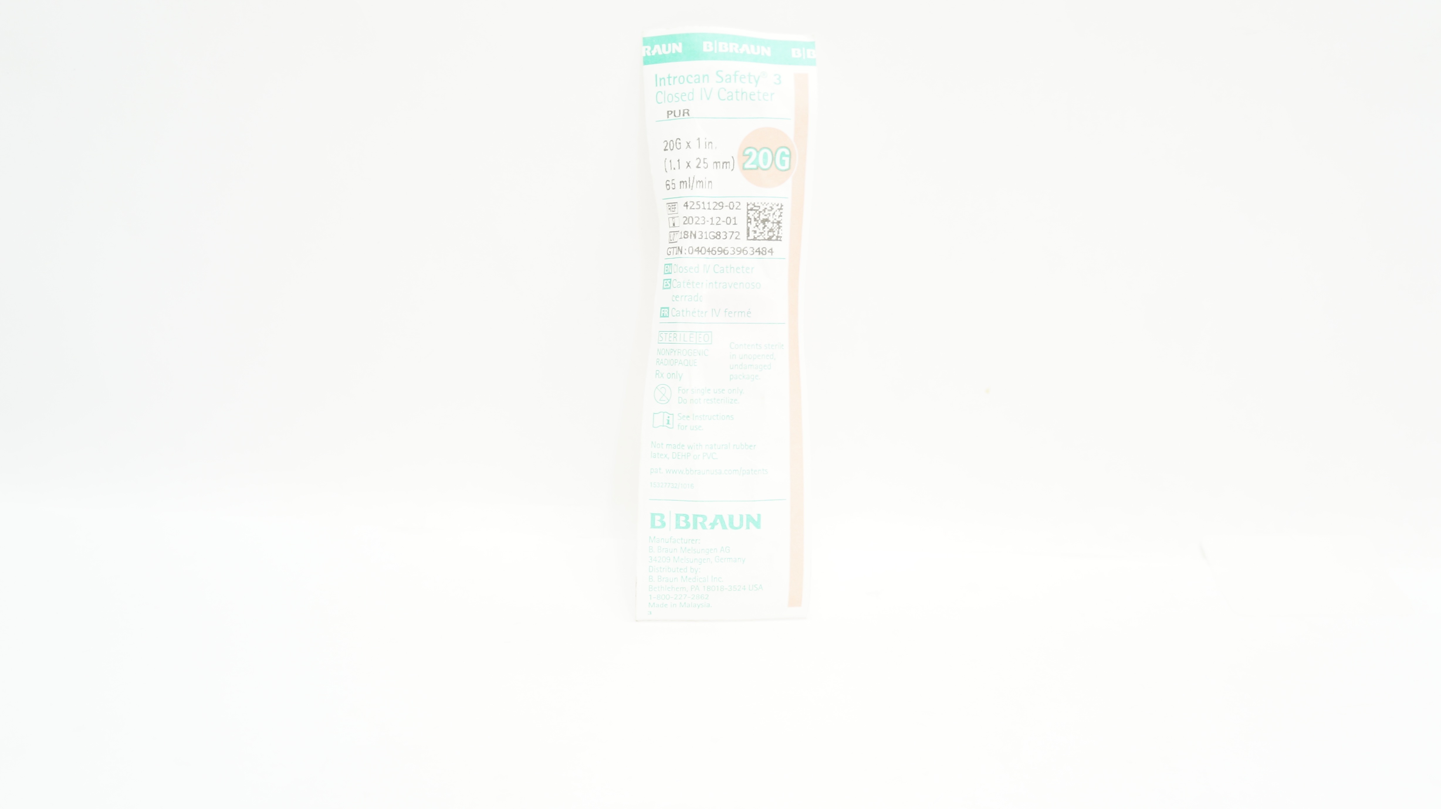 Braun 4251129-02 Introcan Safety 3 Closed IV Cath. 20G x 1 inch x 65ml/min (x)