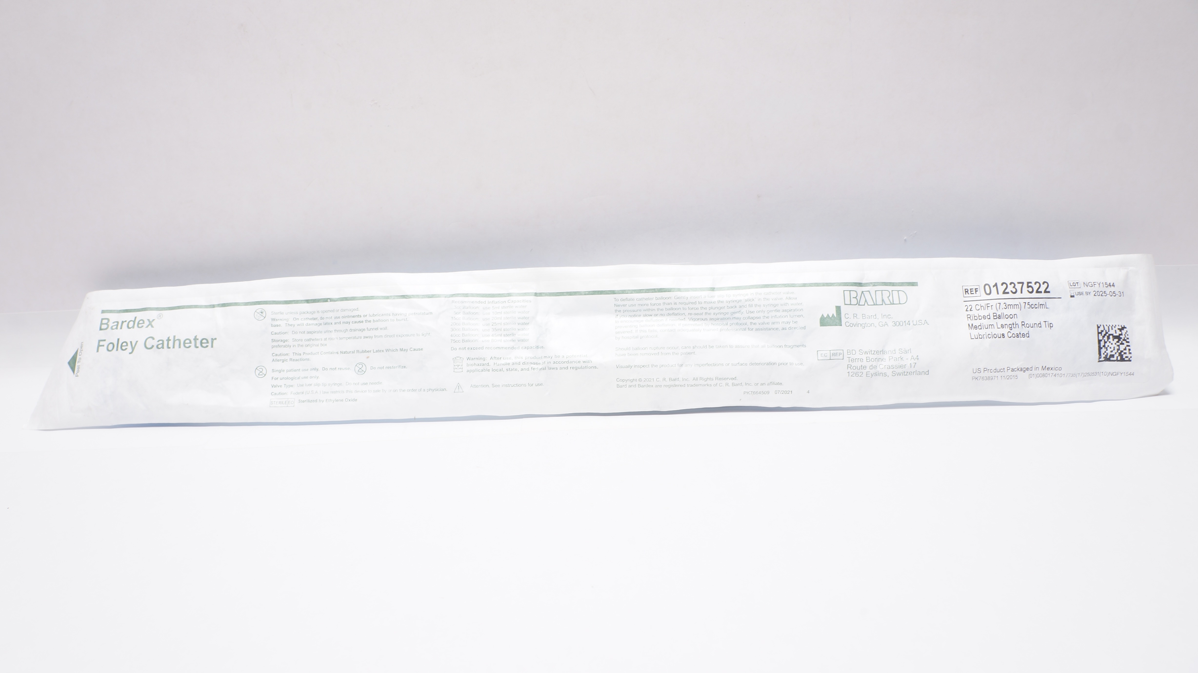 Bard 01237522 Bardex Foley Cath. 22Ch/Fr Ribbed Balloon 75cc/mL