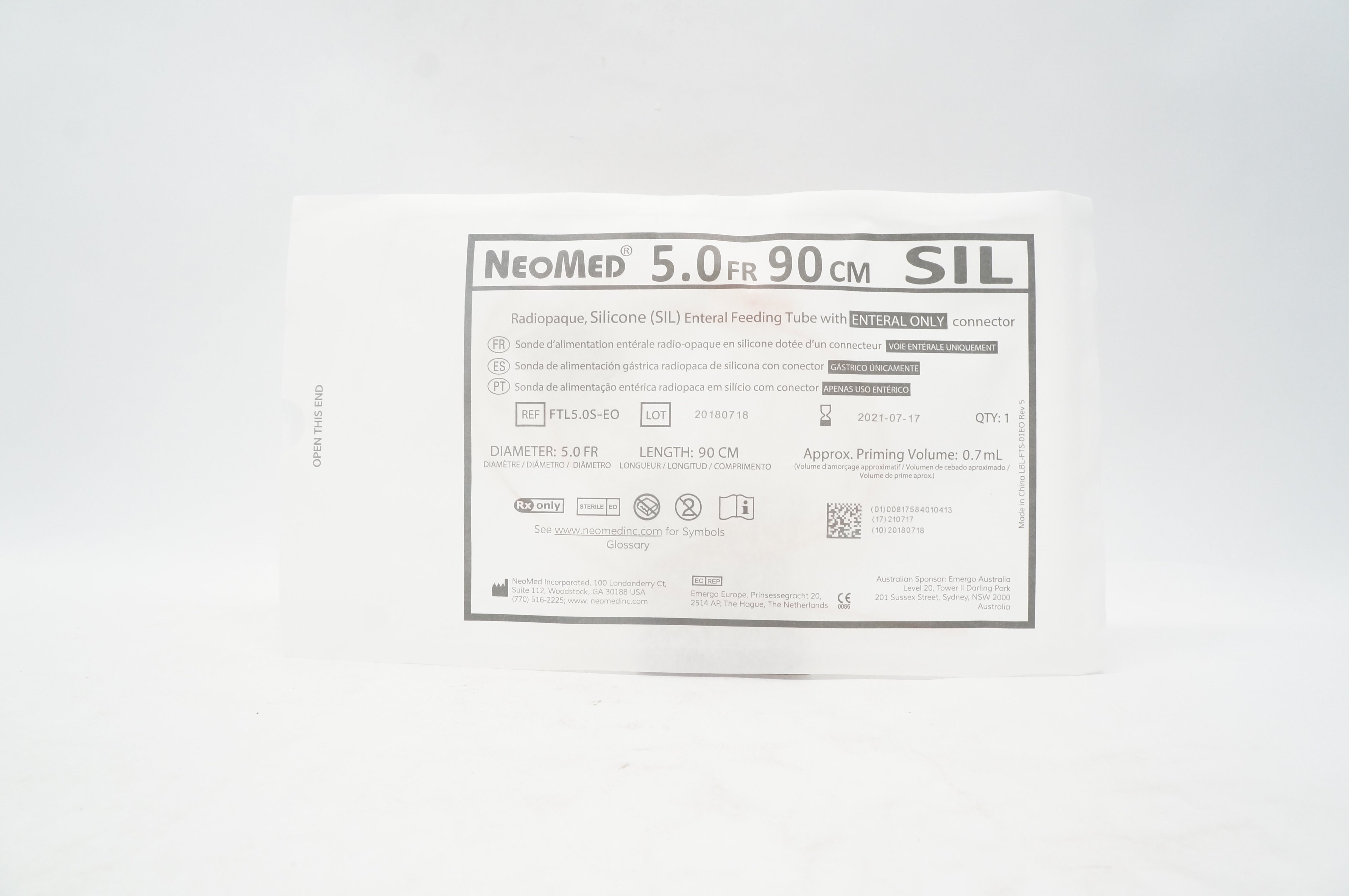 NeoMed FTL5.0S-EO Radiopaque Silicone Enteral Feeding Tube 5.0Fr x 90cm 0.7mL(x)