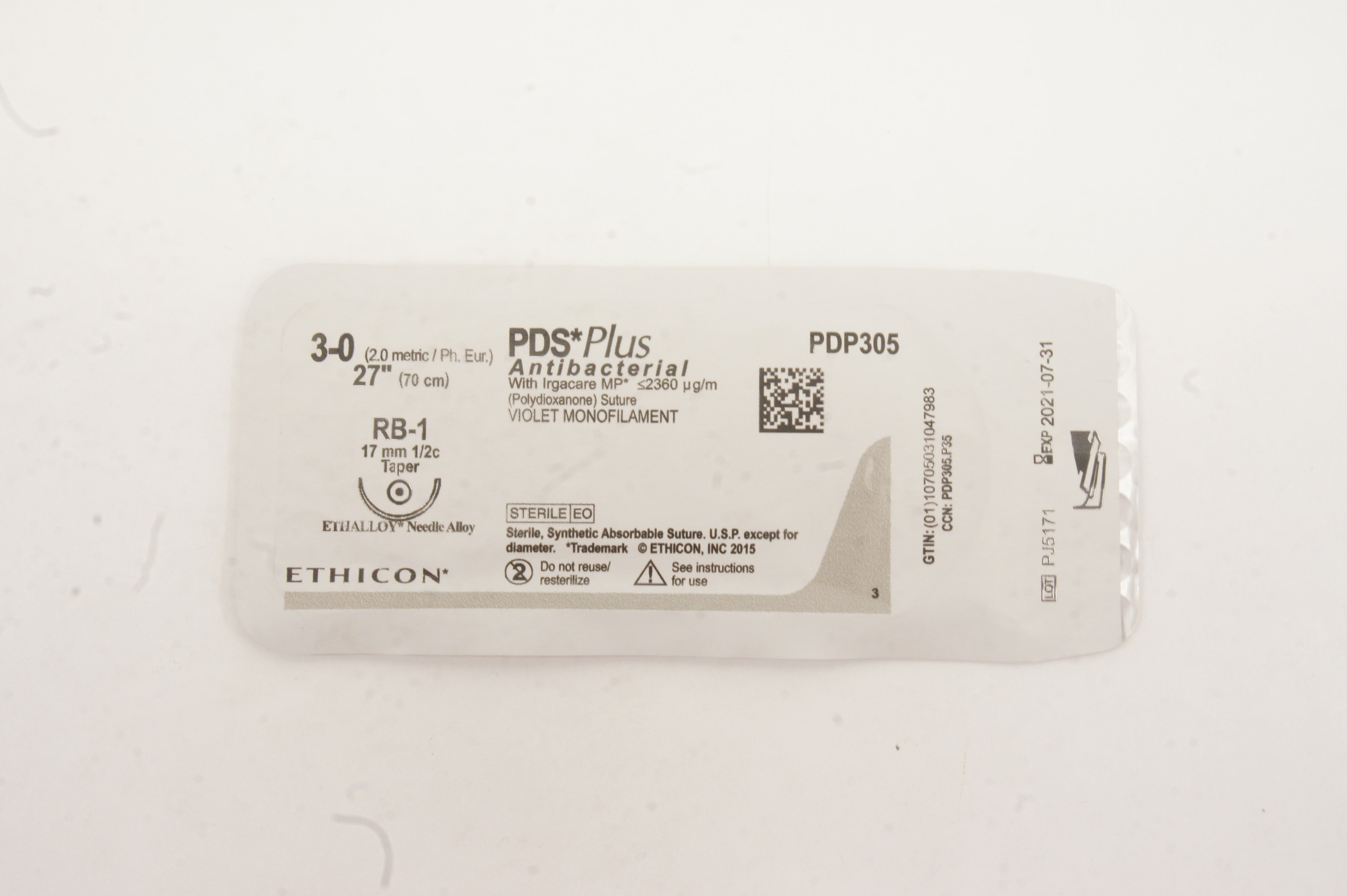 Ethicon PDP305 3-0 PDS Plus, RB-1, 17mm 1/2c Taper, 27inch