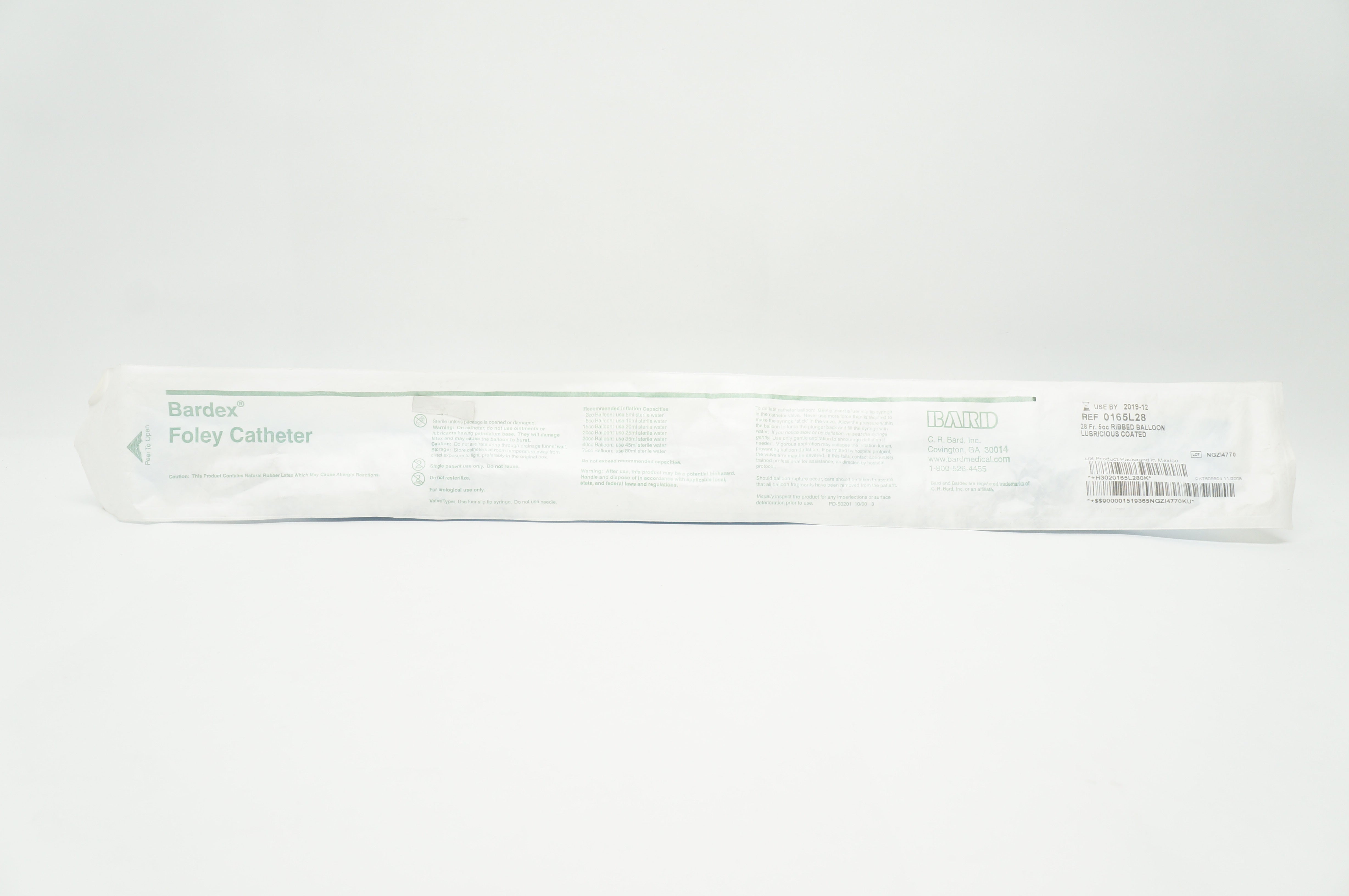 Bard 0165L28 Bardex Foley Cath. 28 Fr. 5cc Ribbed Balloon Lubricious Coated (x)