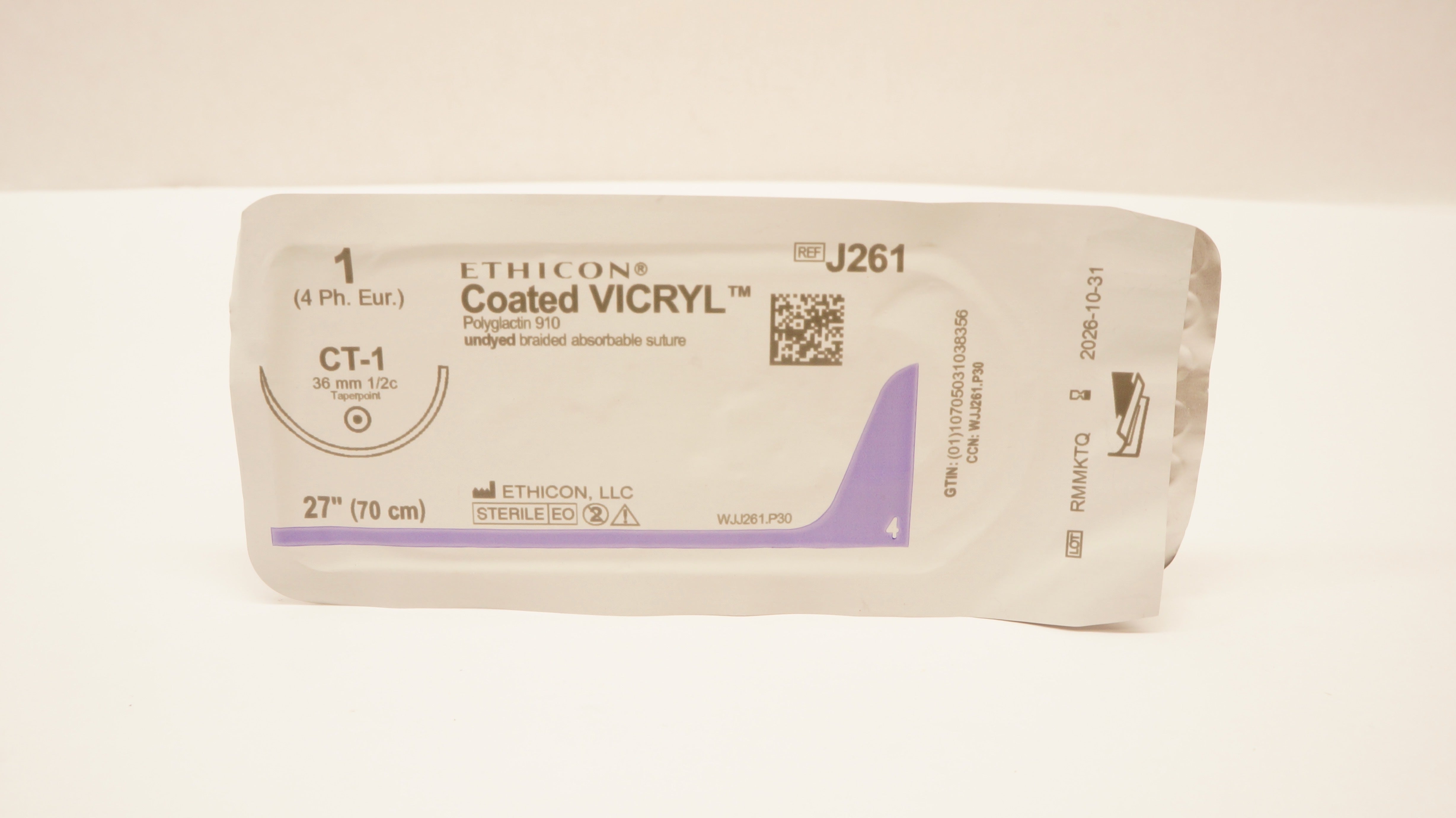 Ethicon J261 1 Coated VICRYL, CT-1 36mm 1/2c Taperpoint, 27inch
