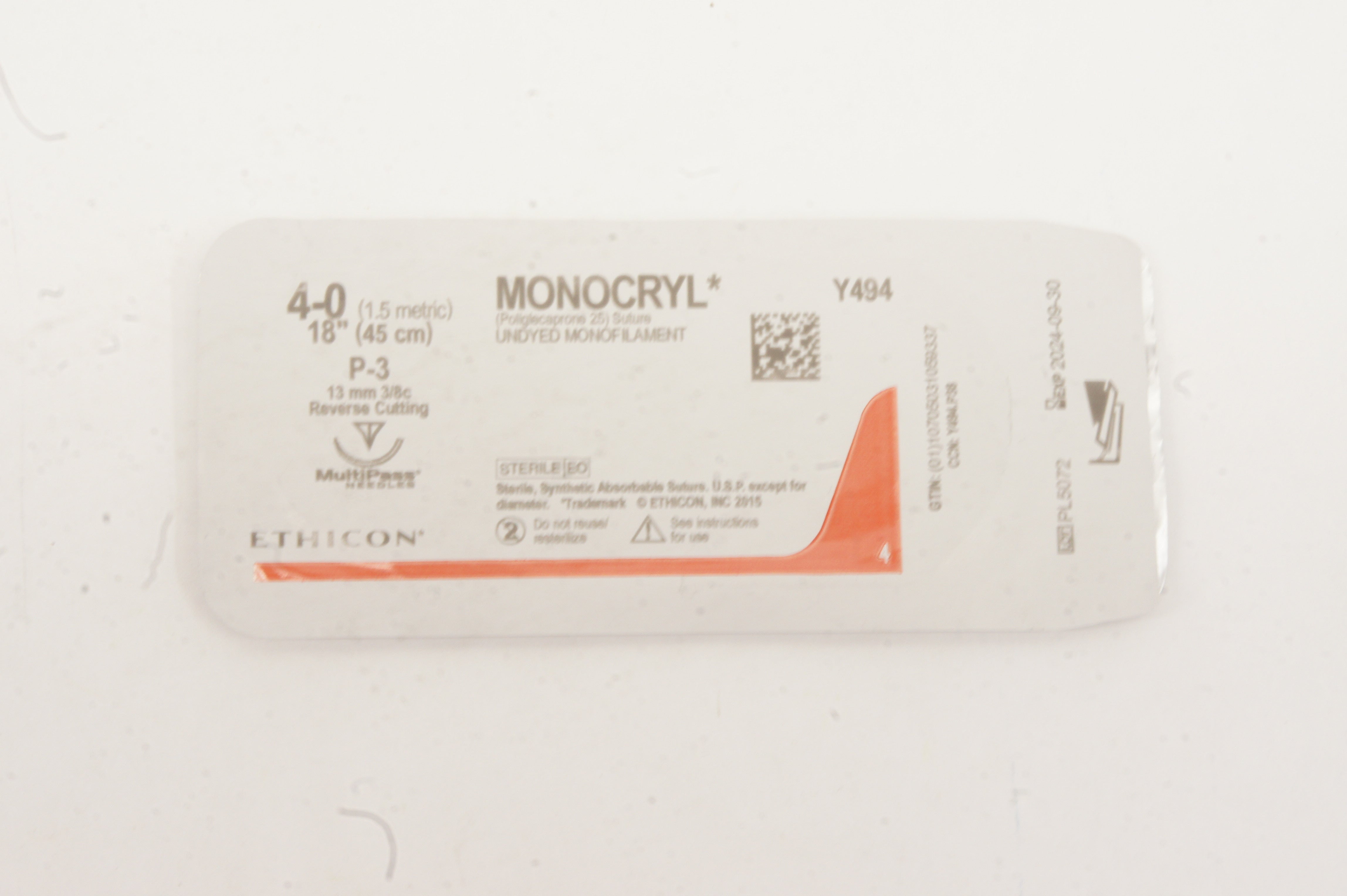 Ethicon Y494 4-0 MONOCRYL Undyed P-3 13mm 3/8c Reverse Cutting, 18inch