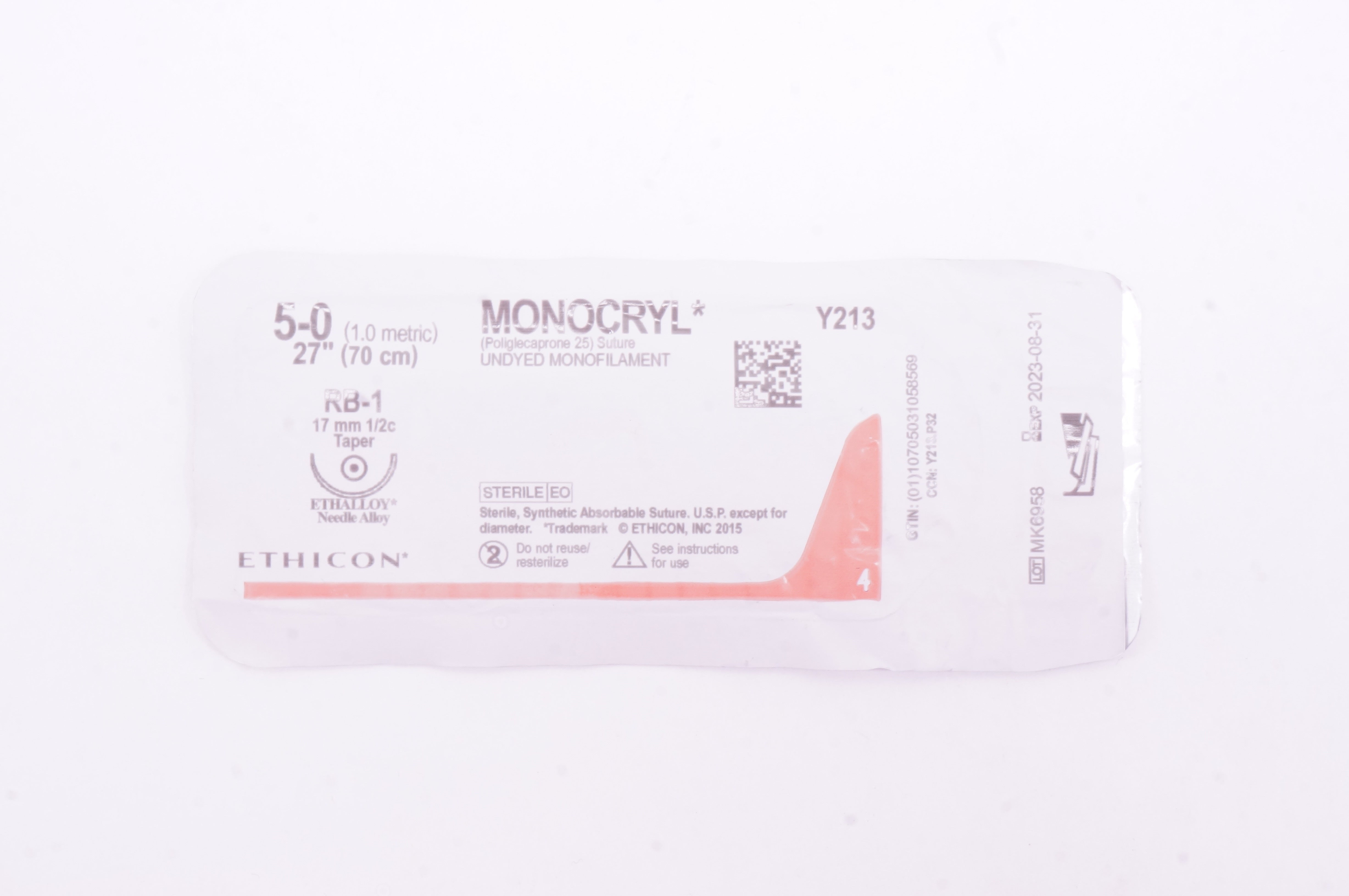 Ethicon Y213 5-0 Monocryl Poliglecaprone 25 Stre RB-1 17mm 1/2c Taper, 27 inch
