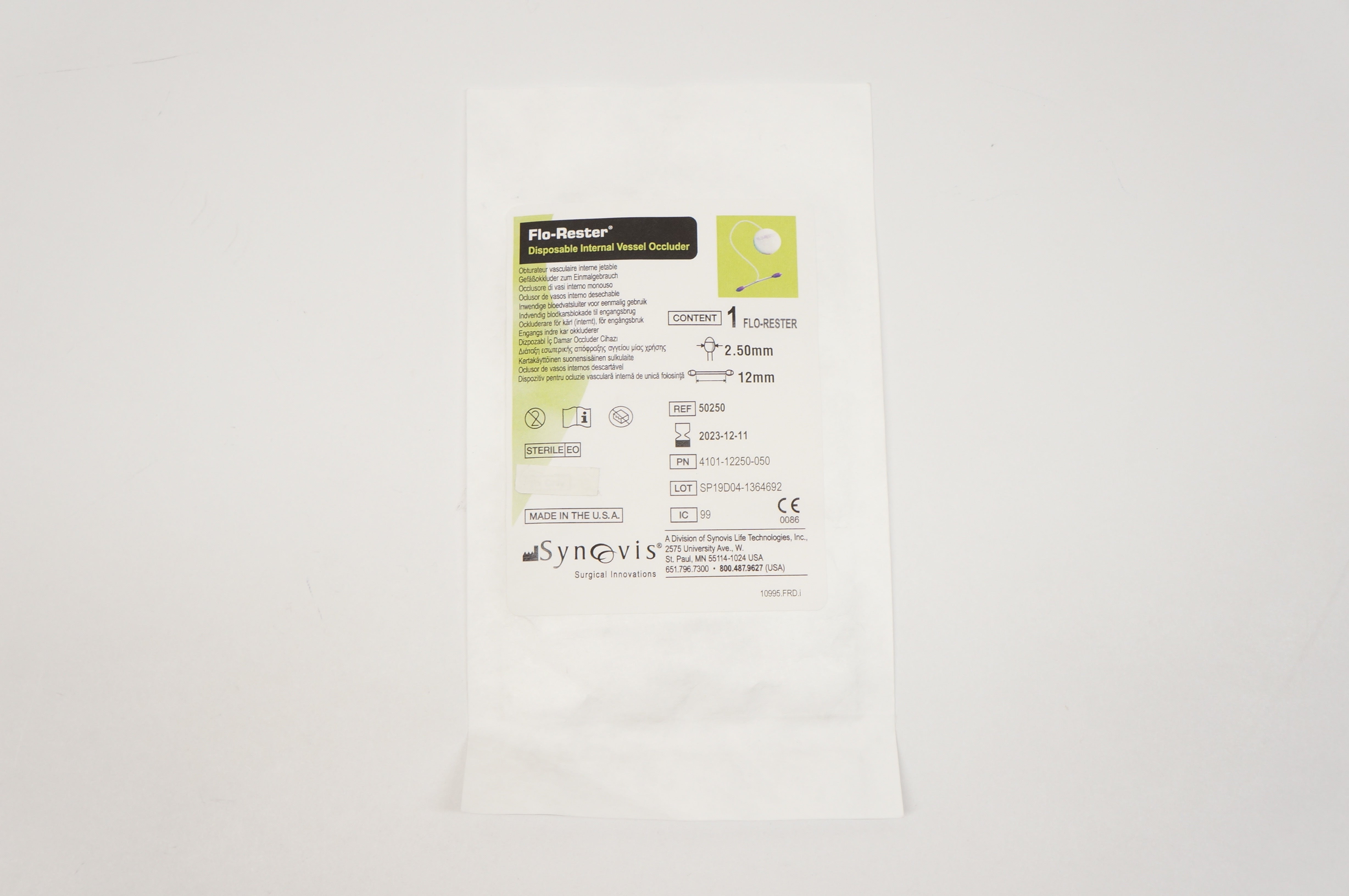 Synovis 50250 Flo-Rester Disposable Internal Vessel Occluder, 2.50mm