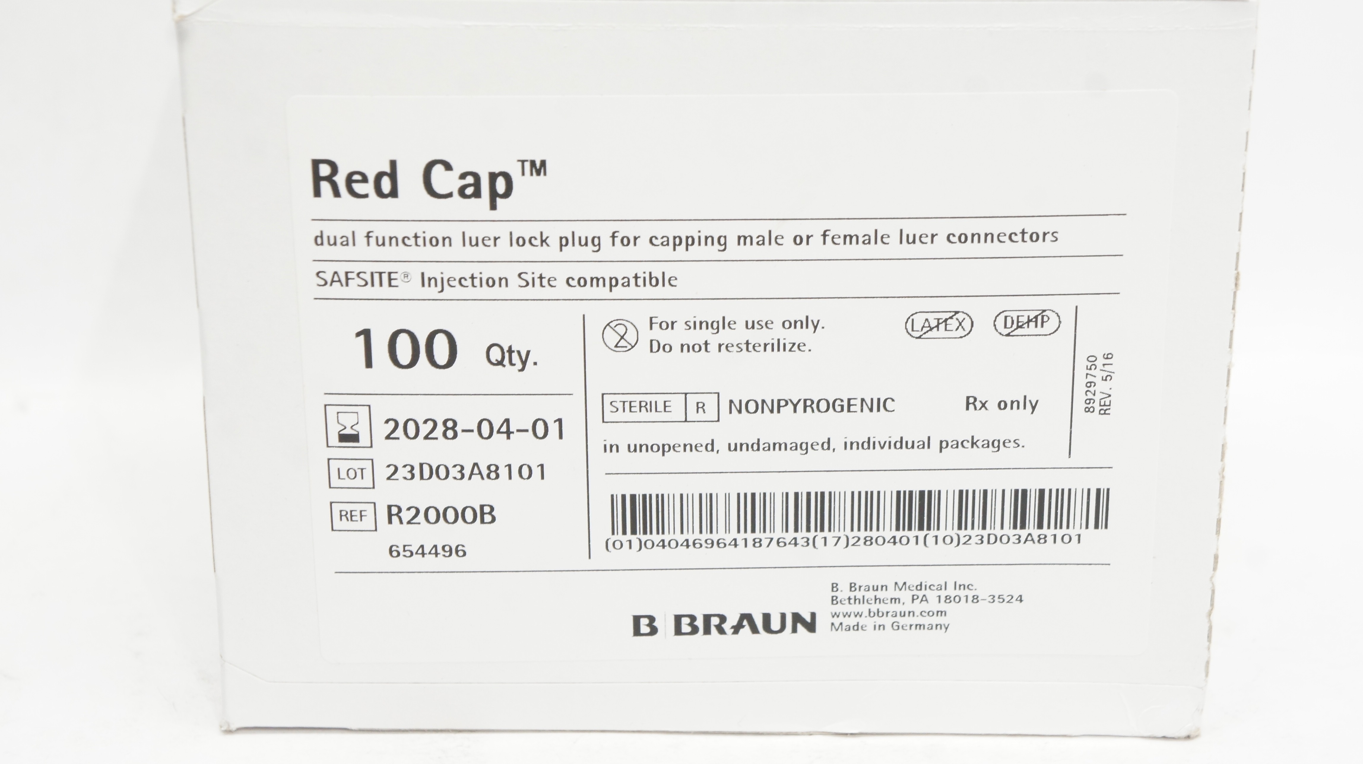 Braun R2000B Red Cap Dual Function Luer Lock Plug - Box of 100