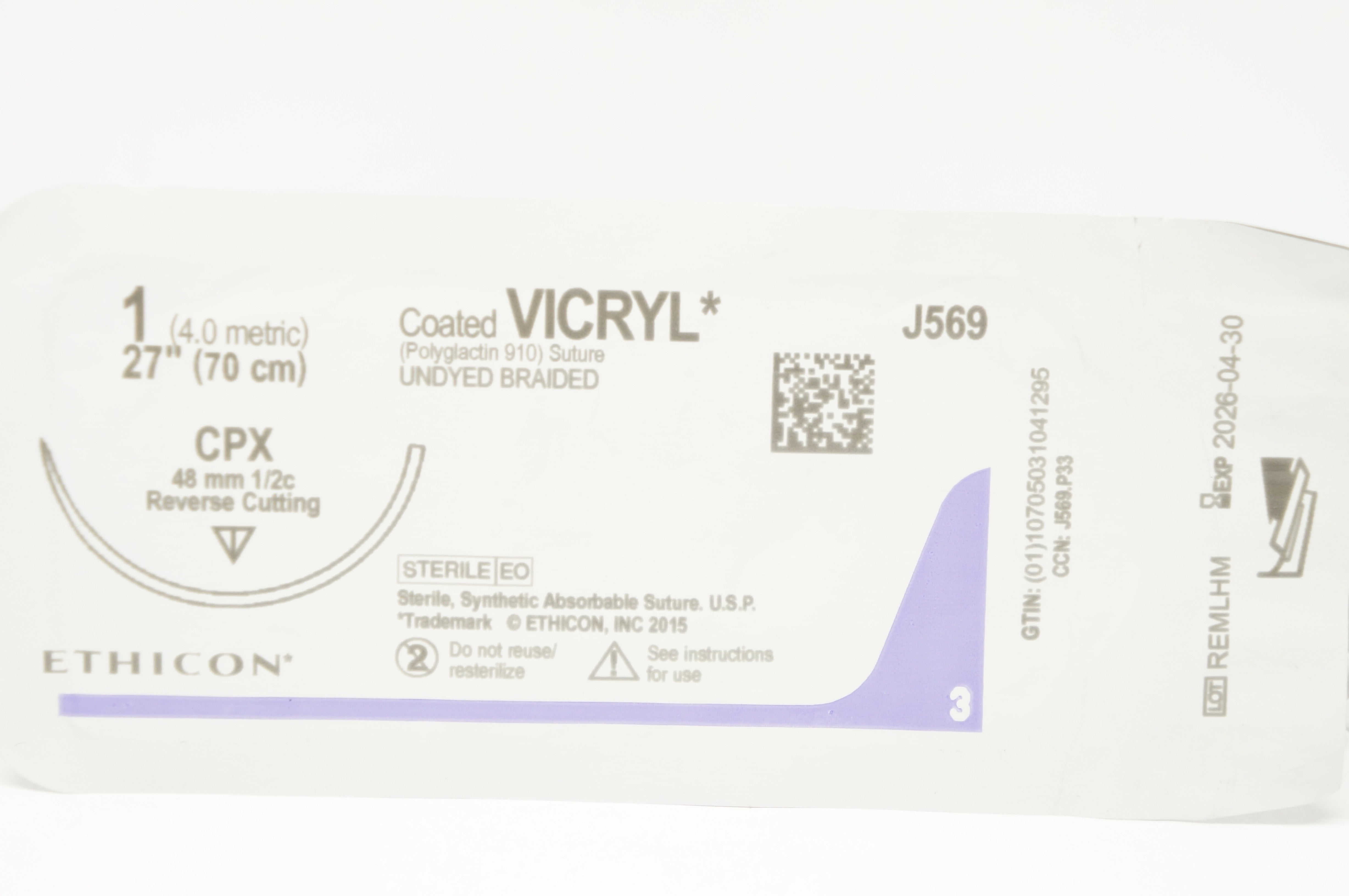Ethicon J569 1 Coated VICRYL Stre CPX 48mm 1/2c Reverse Cutting, 27inch