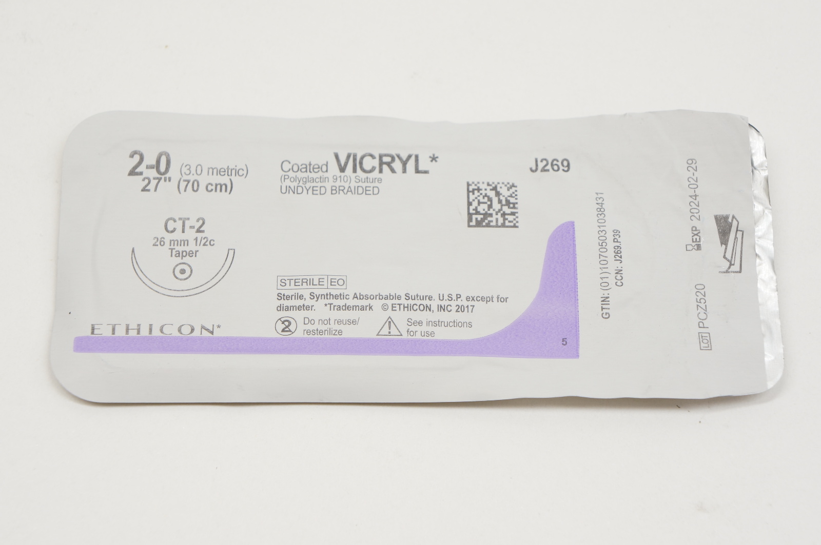 Ethicon J269 2-0 VICRYL, CT-2, 26mm 1/2c Taper, 27inch