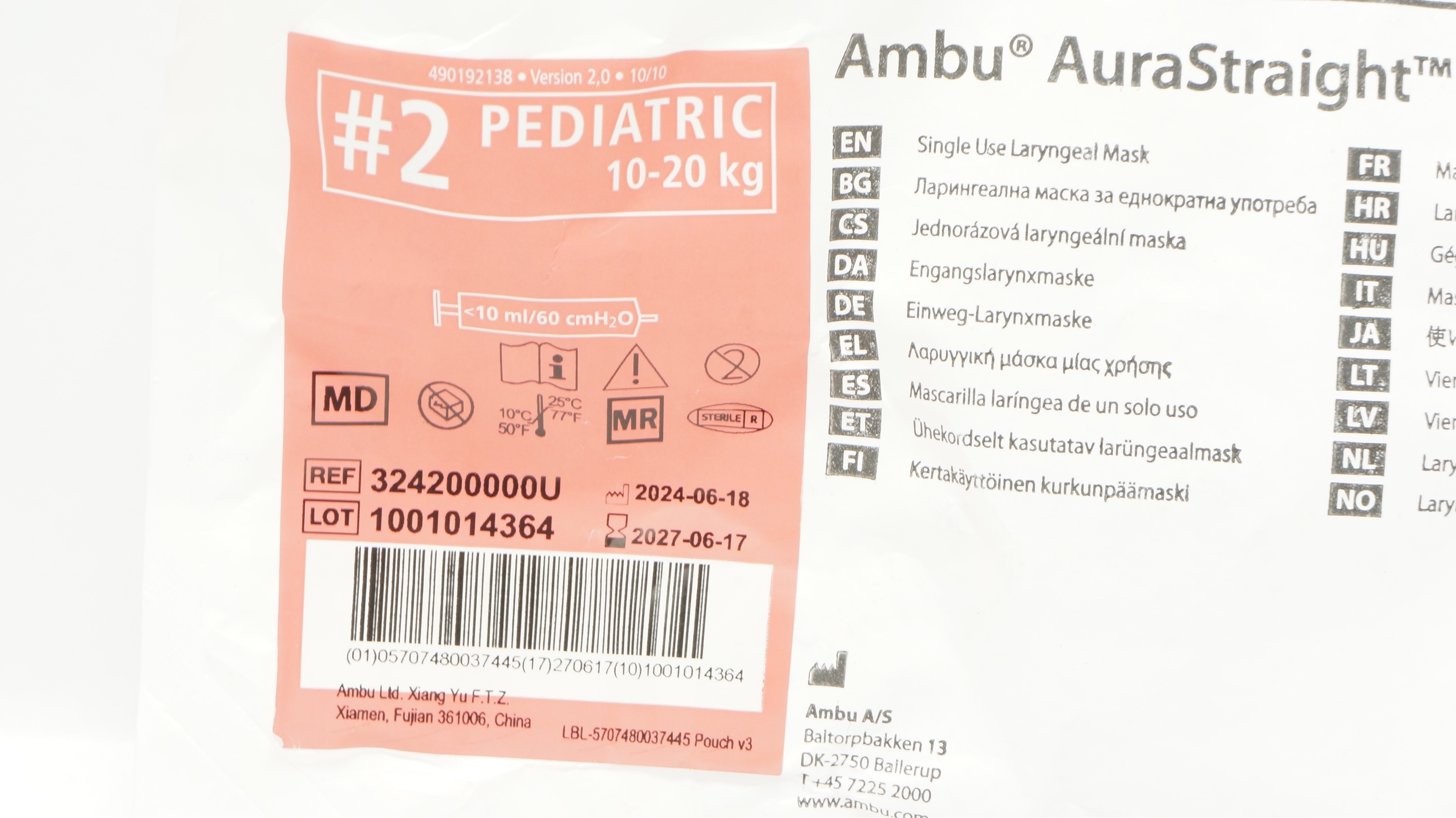 AMBU 324200000U AuraStraight Laryngeal Mask, Sterile #2, Pediatric 10 - 20kg