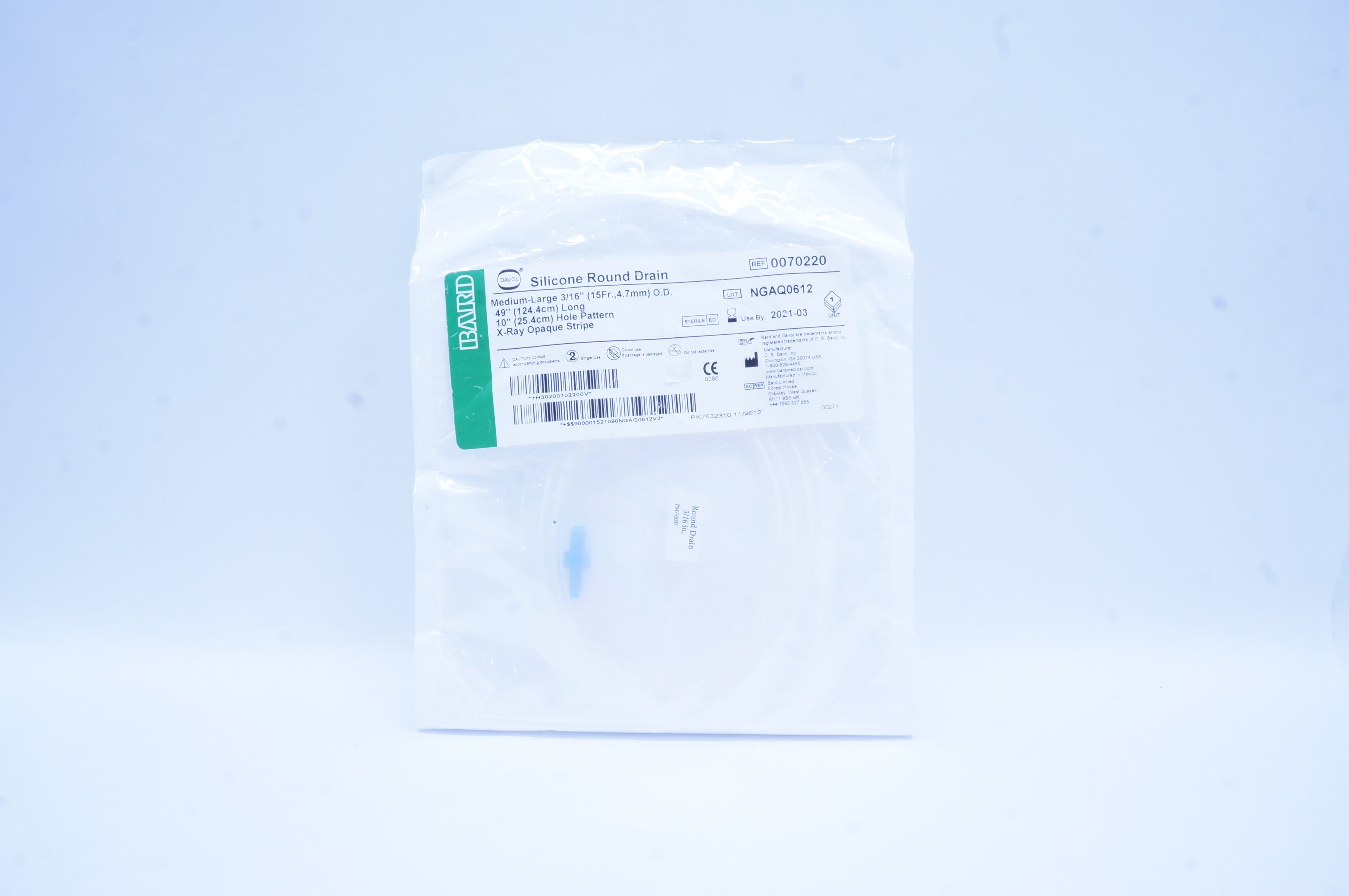 Bard 0070220 Davol Silicone Round Drain 3/16 inch O.D. x 49 inch x 10 inch (x)