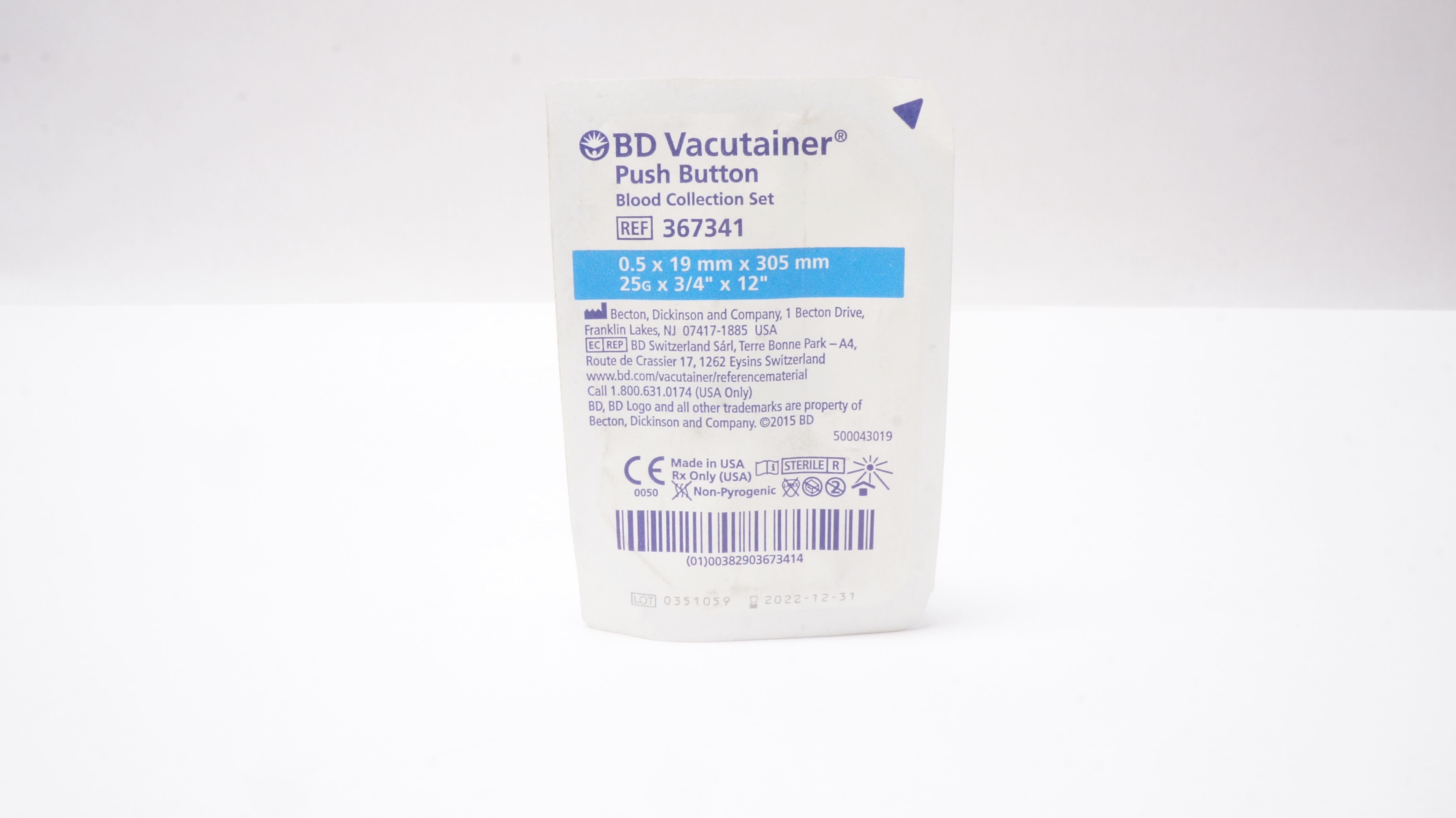 BD 367341 Vacutainer Push Button Blood Collection Set 25G x 3/4inch x 12inch (x)