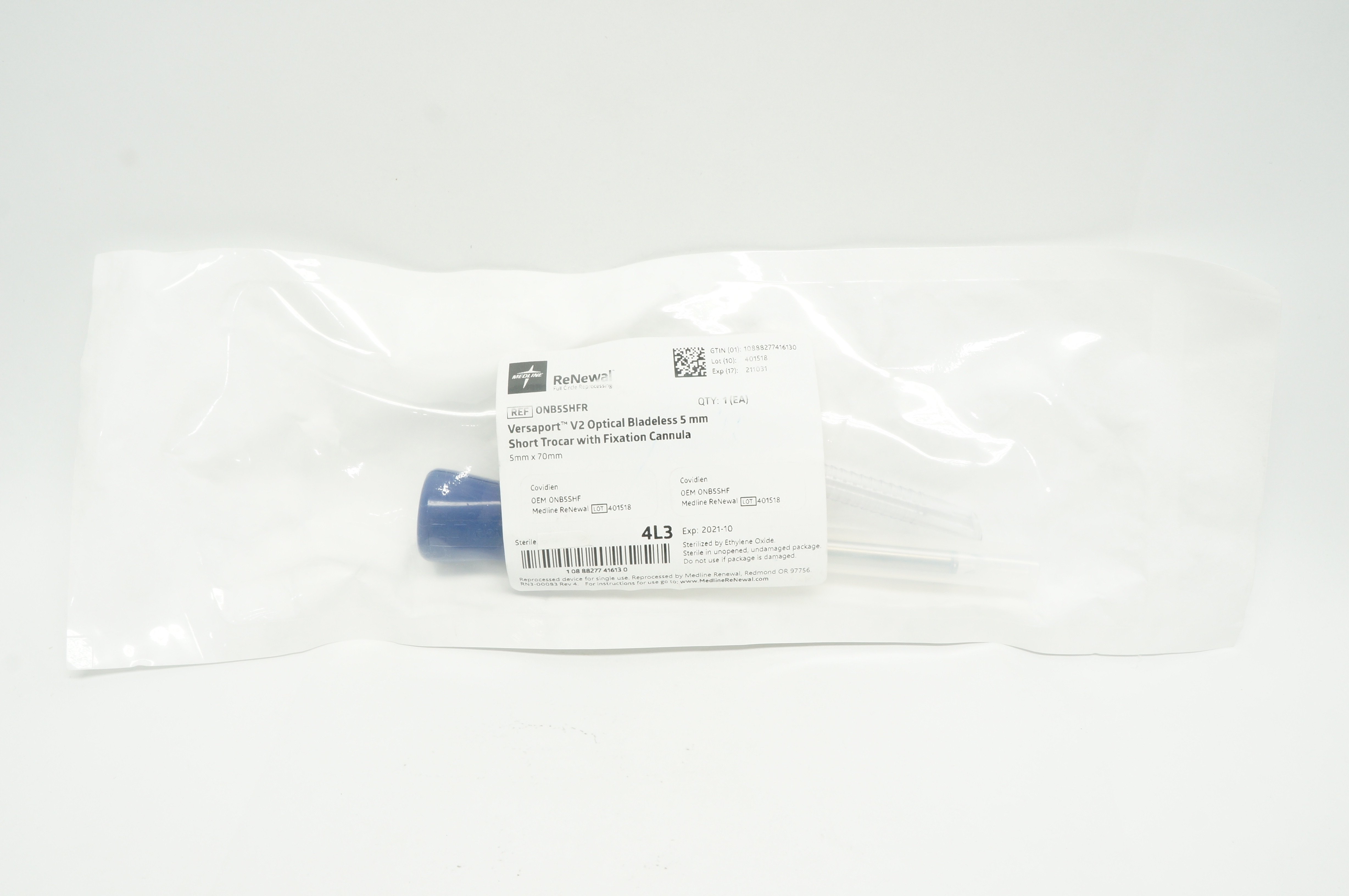 Medline ONB5SHFR ReNewal Versaport V2 Optical Bladeless Short Trocar 5mm x 70mm