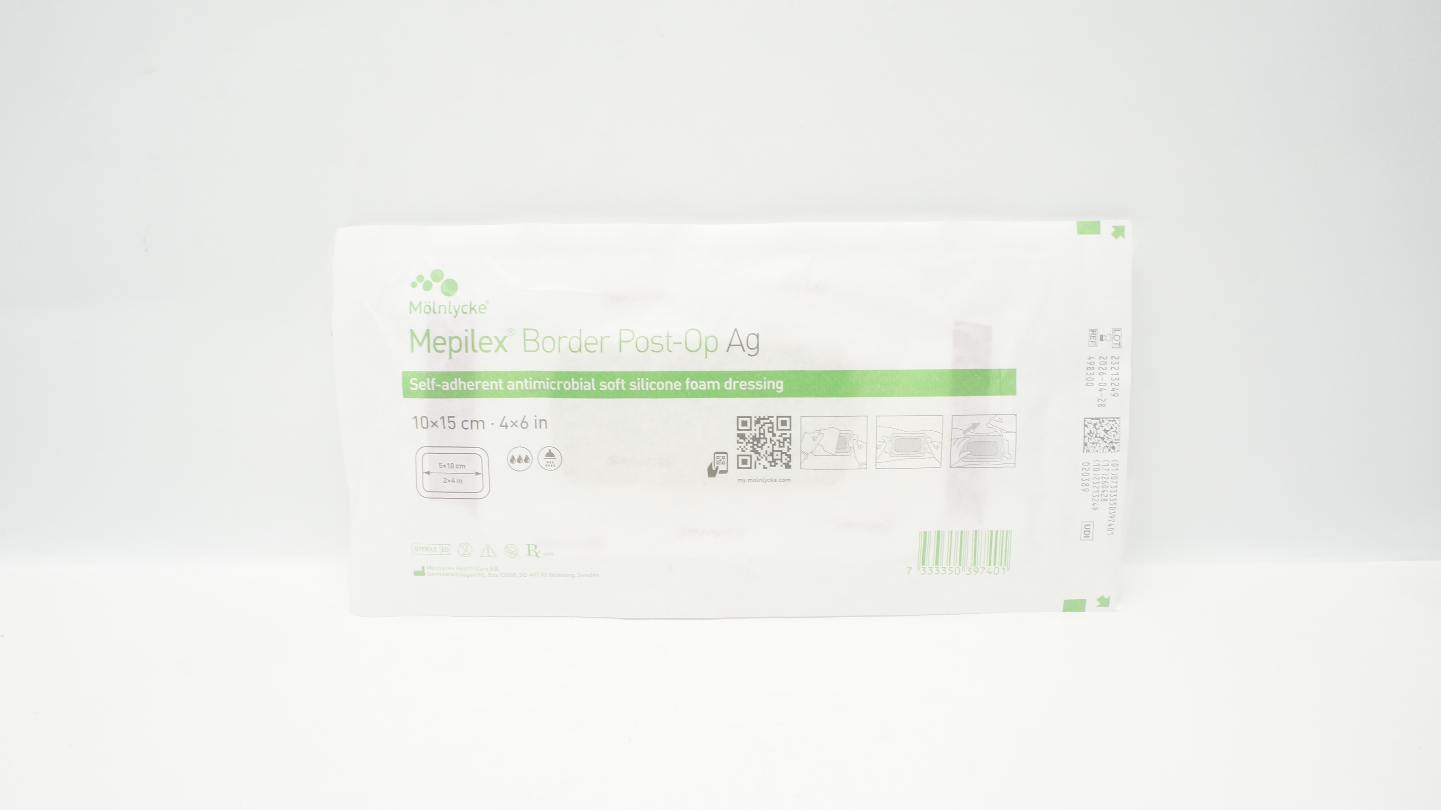 Mölnlycke 498300 Mepilex Border Post-Op Ag Foam Dressing 4inch x 6inch