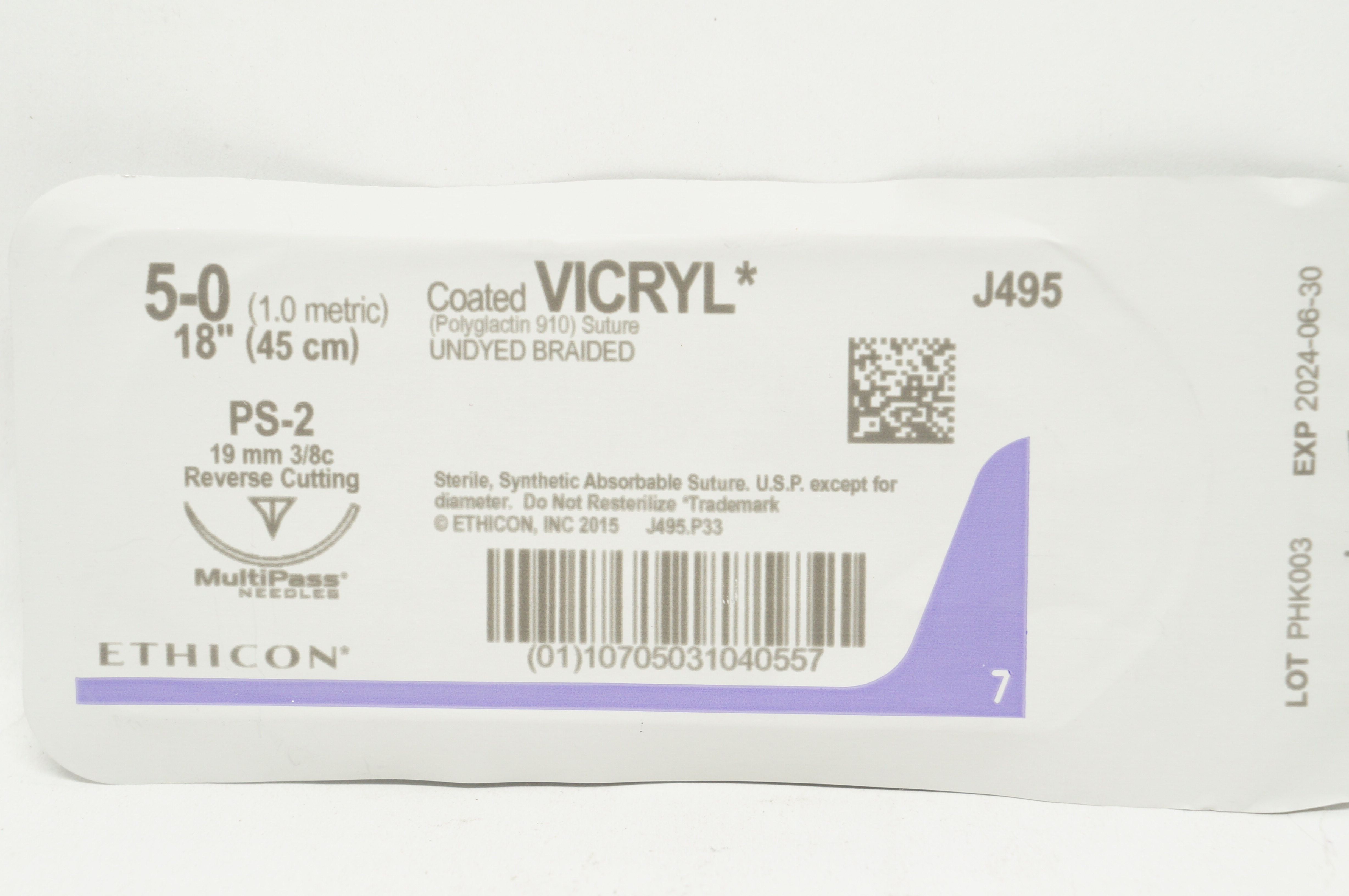 Ethicon J495 5-0 Coated Vicryl Stre PS-2 19mm 3/8c Reverse Cutting, 18inch