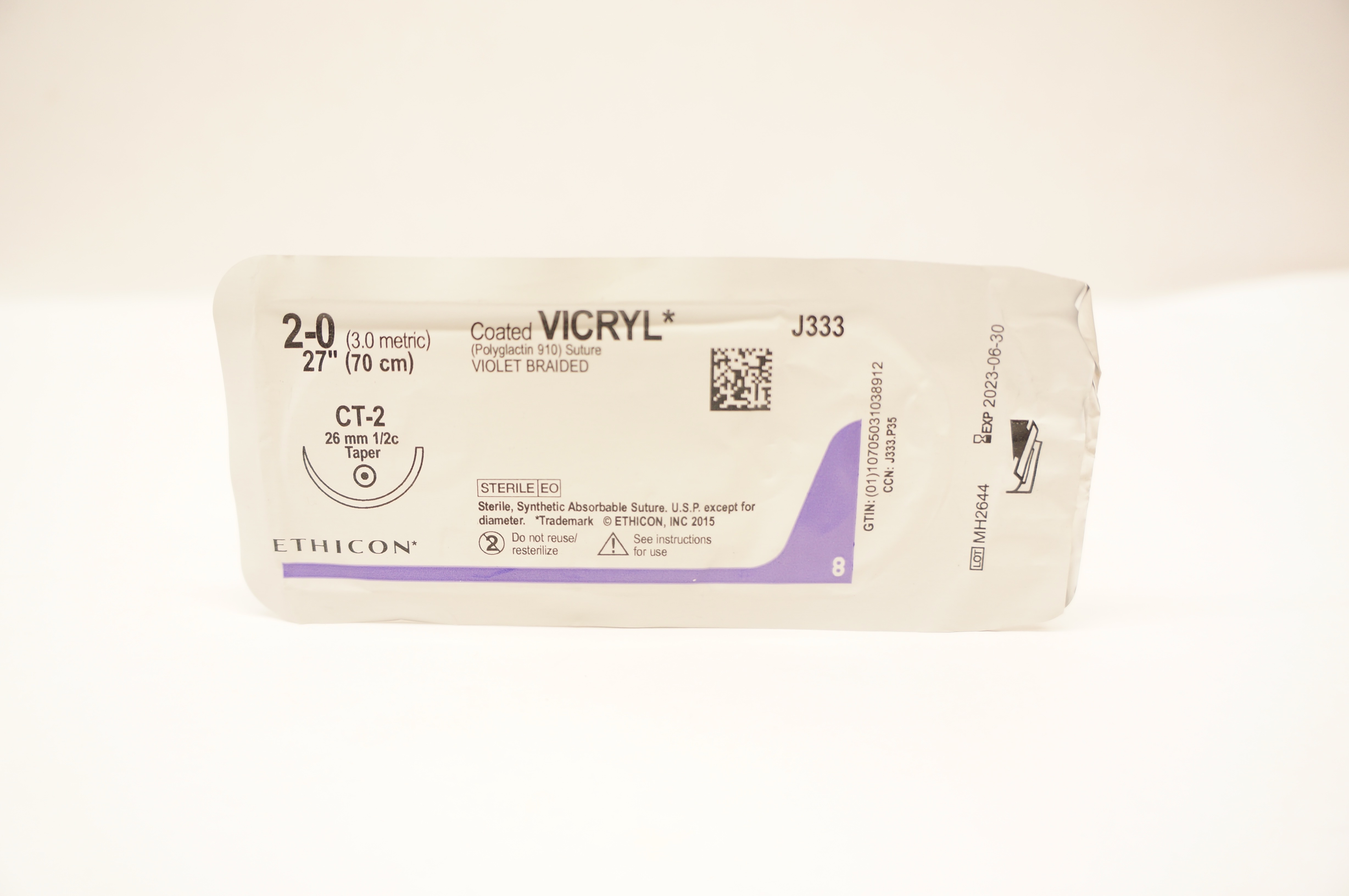 Ethicon J333 2-0 Coated VICRYL Polyglactin Stre CT-2 26mm 1/2c Taper, 27inch (x)