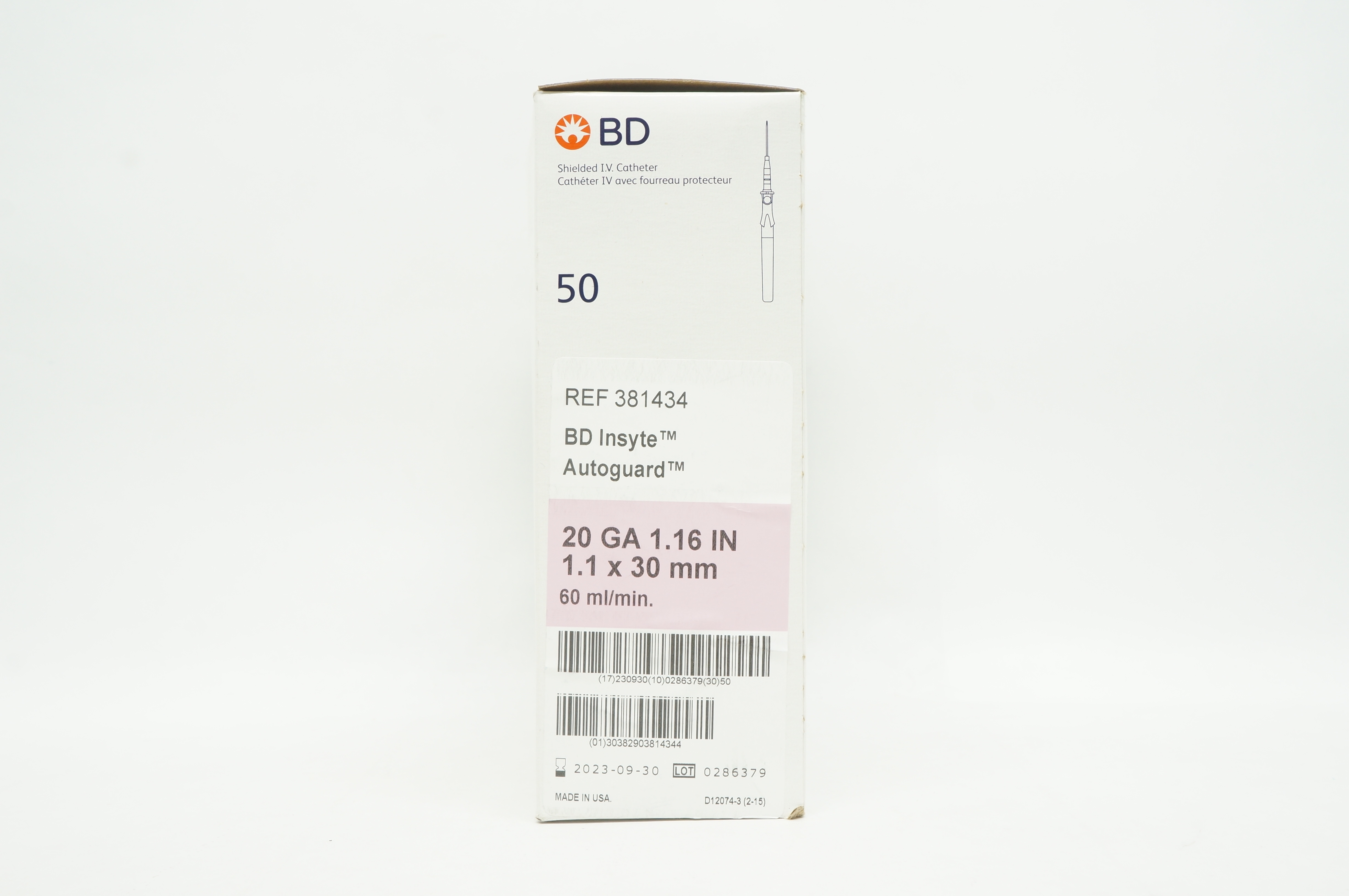 BD 381434 Insyte Autoguard Shielded I.V. Cath. 20Ga x 1.16 inch - Box of 50