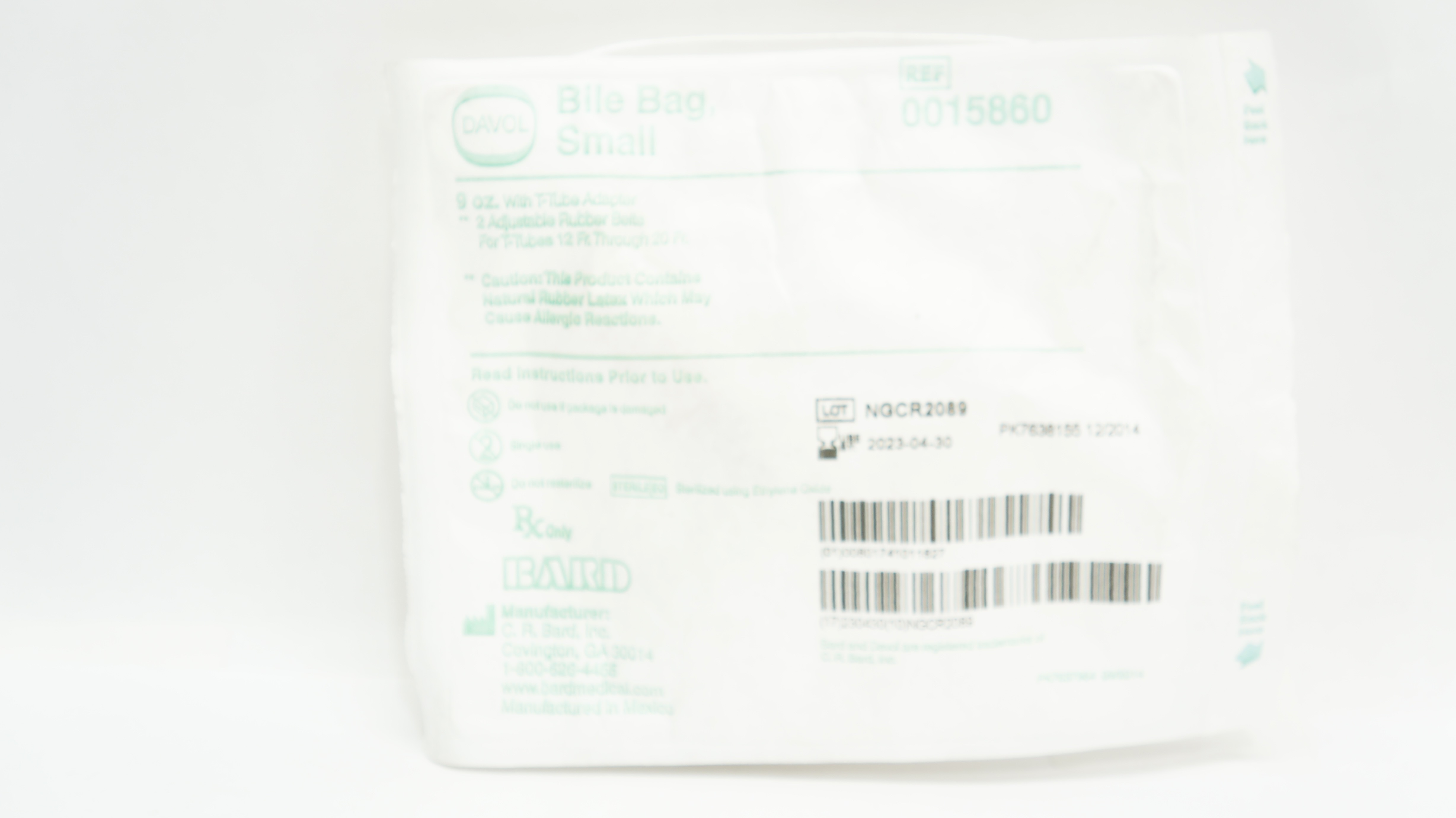 Bard 0015860 Davol Bile Bag, Small   w/T-Tube Adapter,  9oz.  (x)