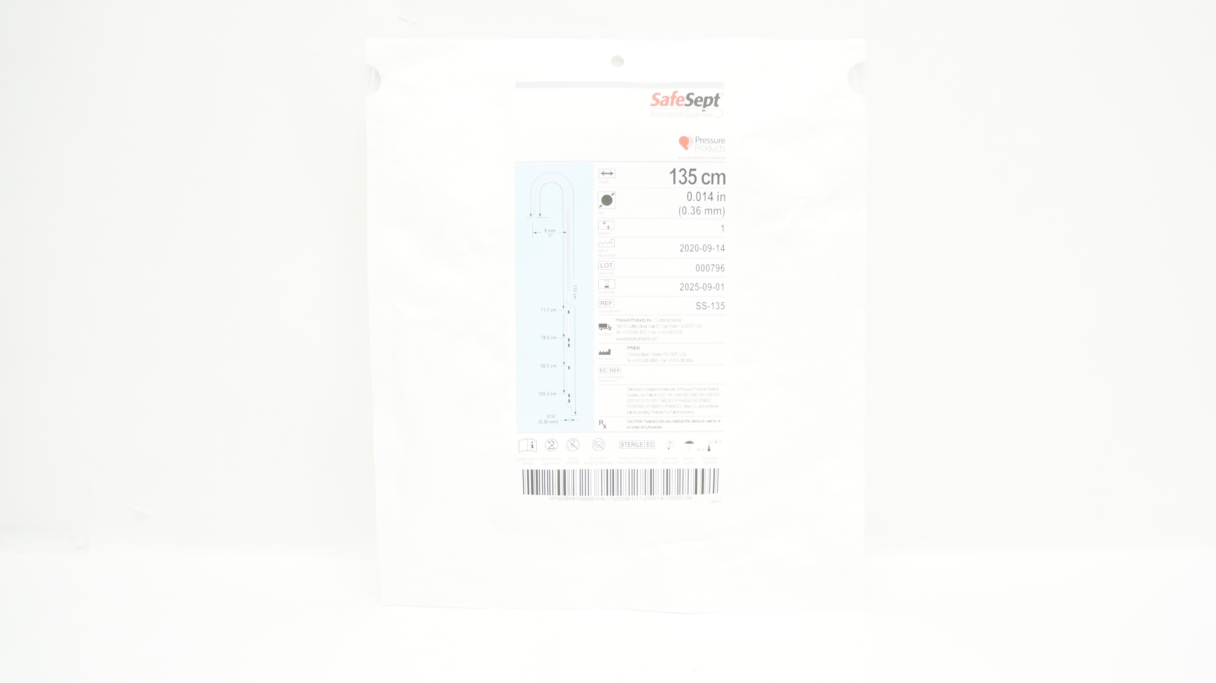 Pressure SS-135 SafeSept Transseptal Guidewire 0.014inch x 135cm