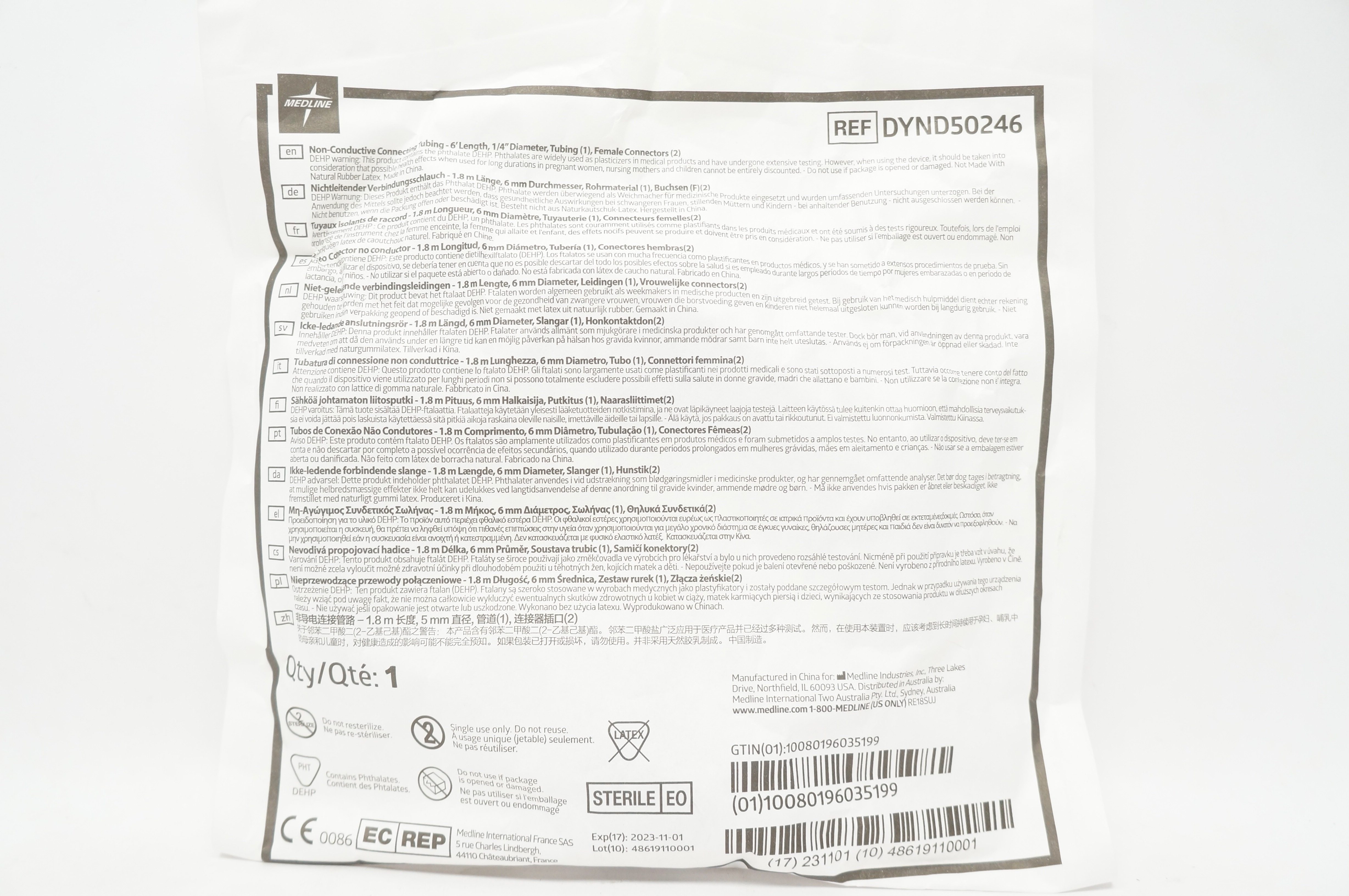 Medline DYND50246 Non-Conductive Connecting Tubing 6 Ft. x 1/4inch