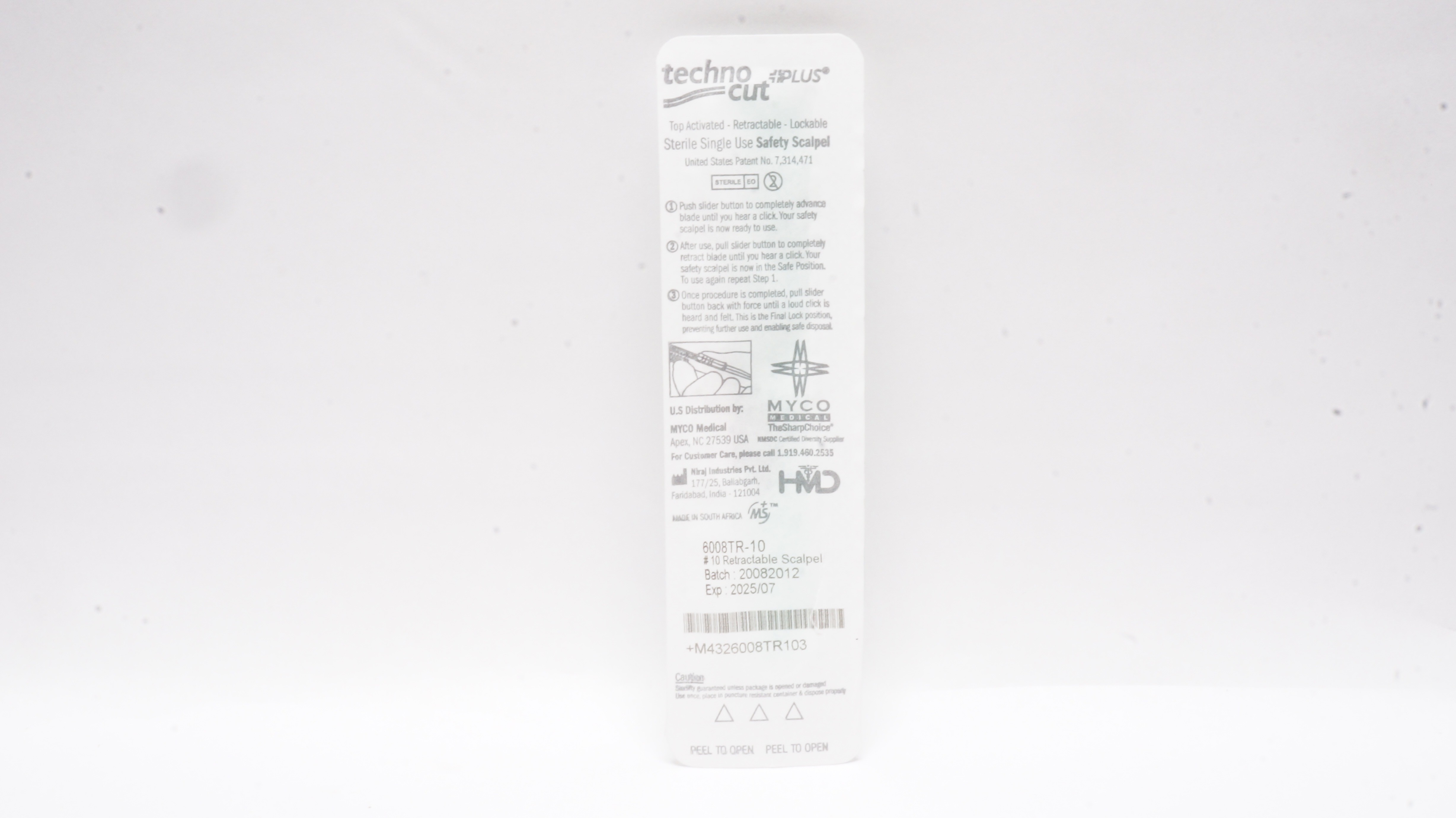 MYCO Medical V6008TR-10 Techno Plus Cut Retractable Safety Scalpel #10