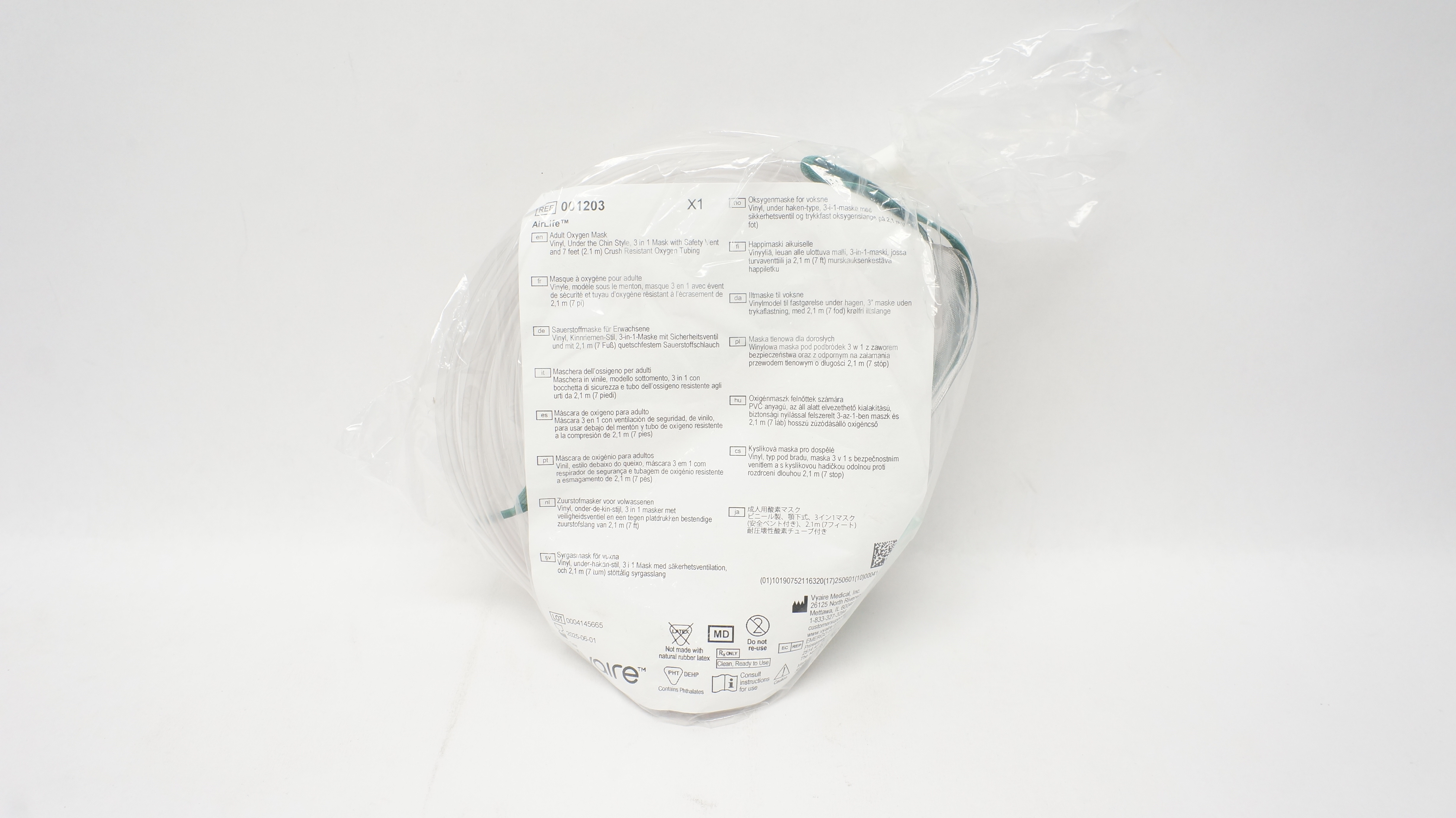 Vyaire 001203 AirLife Adult Oxygen Mask Vinyl w/Resistant Oxygen Tubing 7ft.