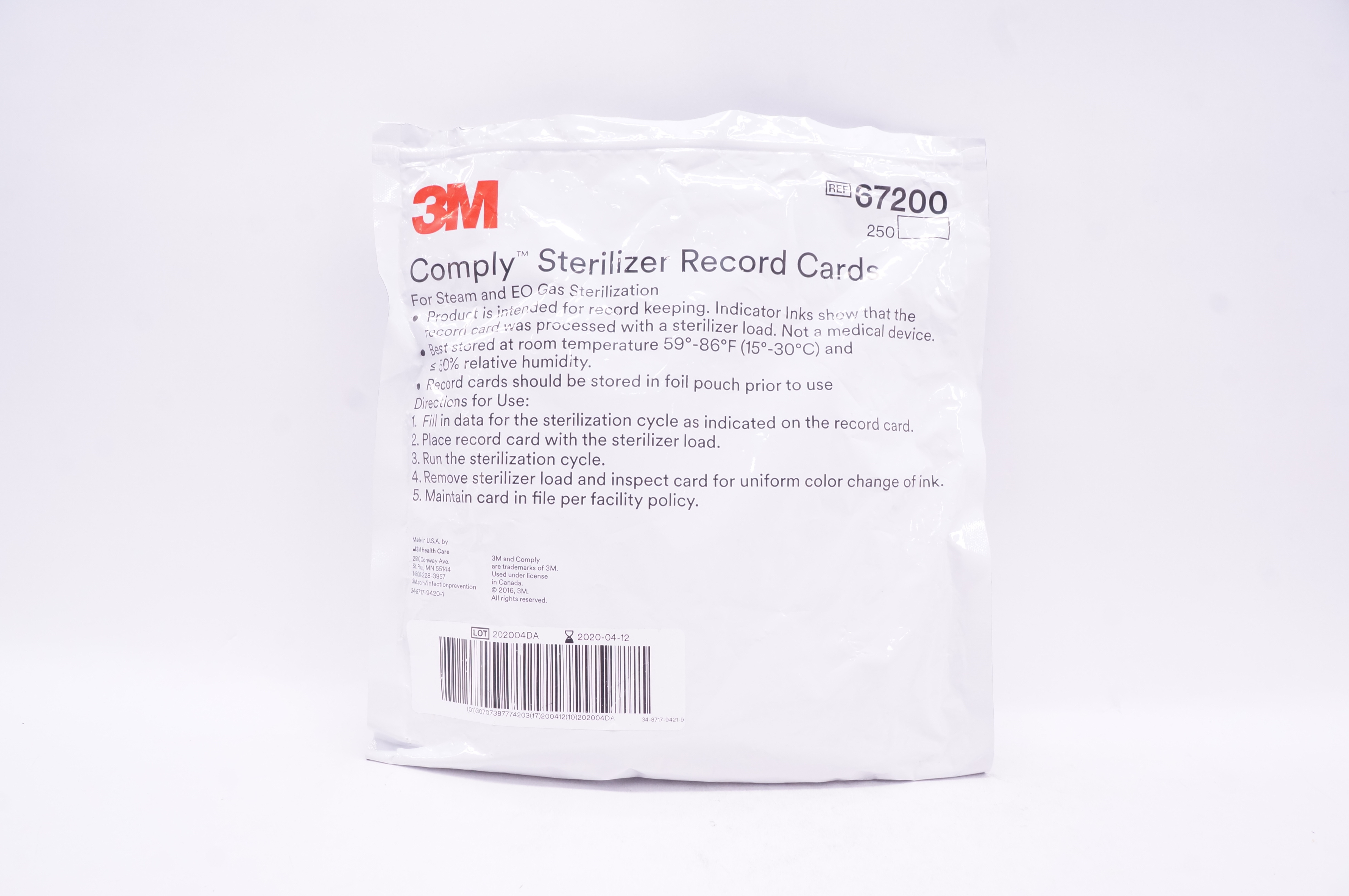 3M 67200 Comply Sterilizer Record Cards (x) - Pack of 250