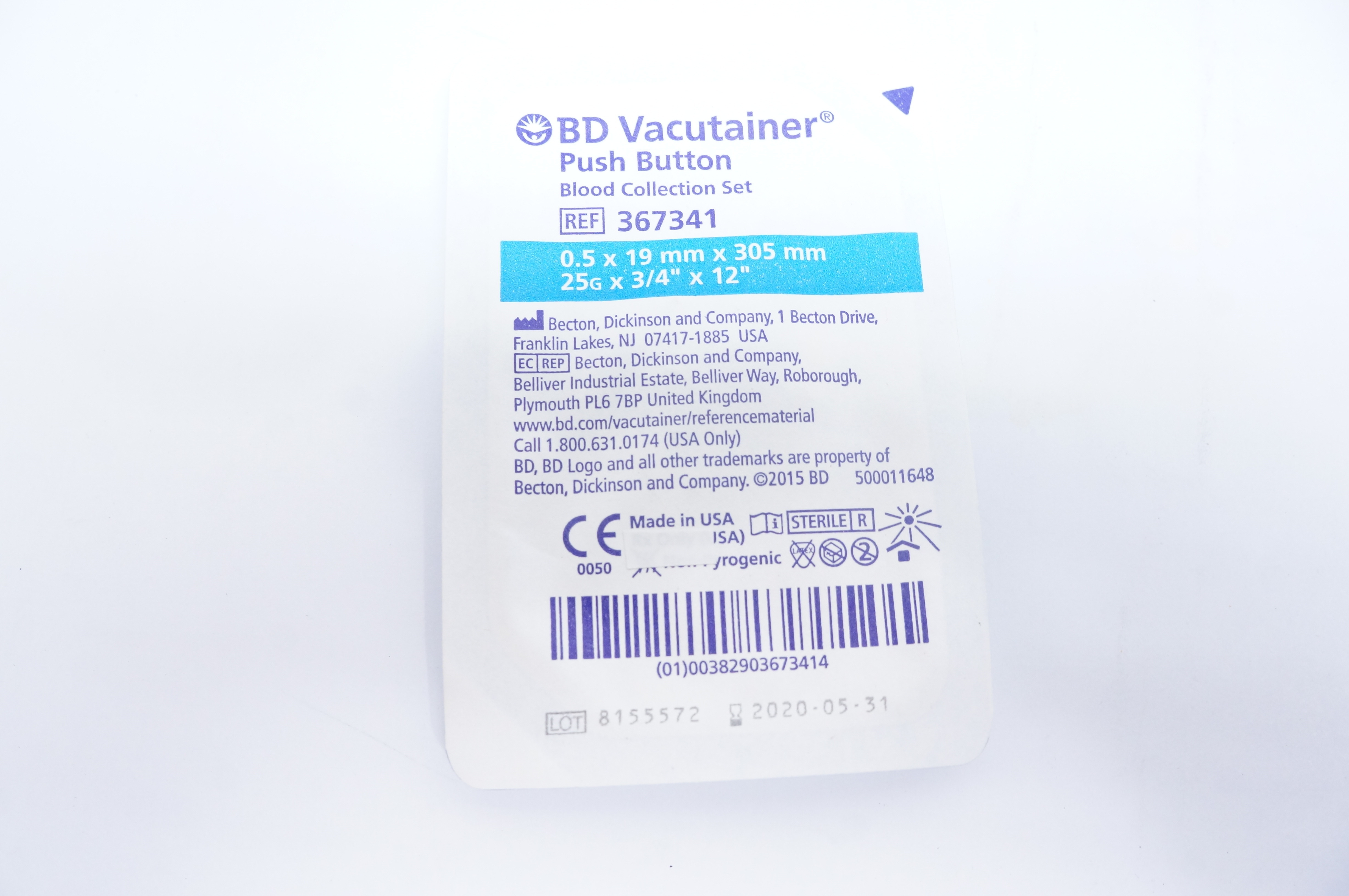 BD 367341 Vacutainer Push Button Blood Collection Set 25G x 3/4inch x 12inch (x)