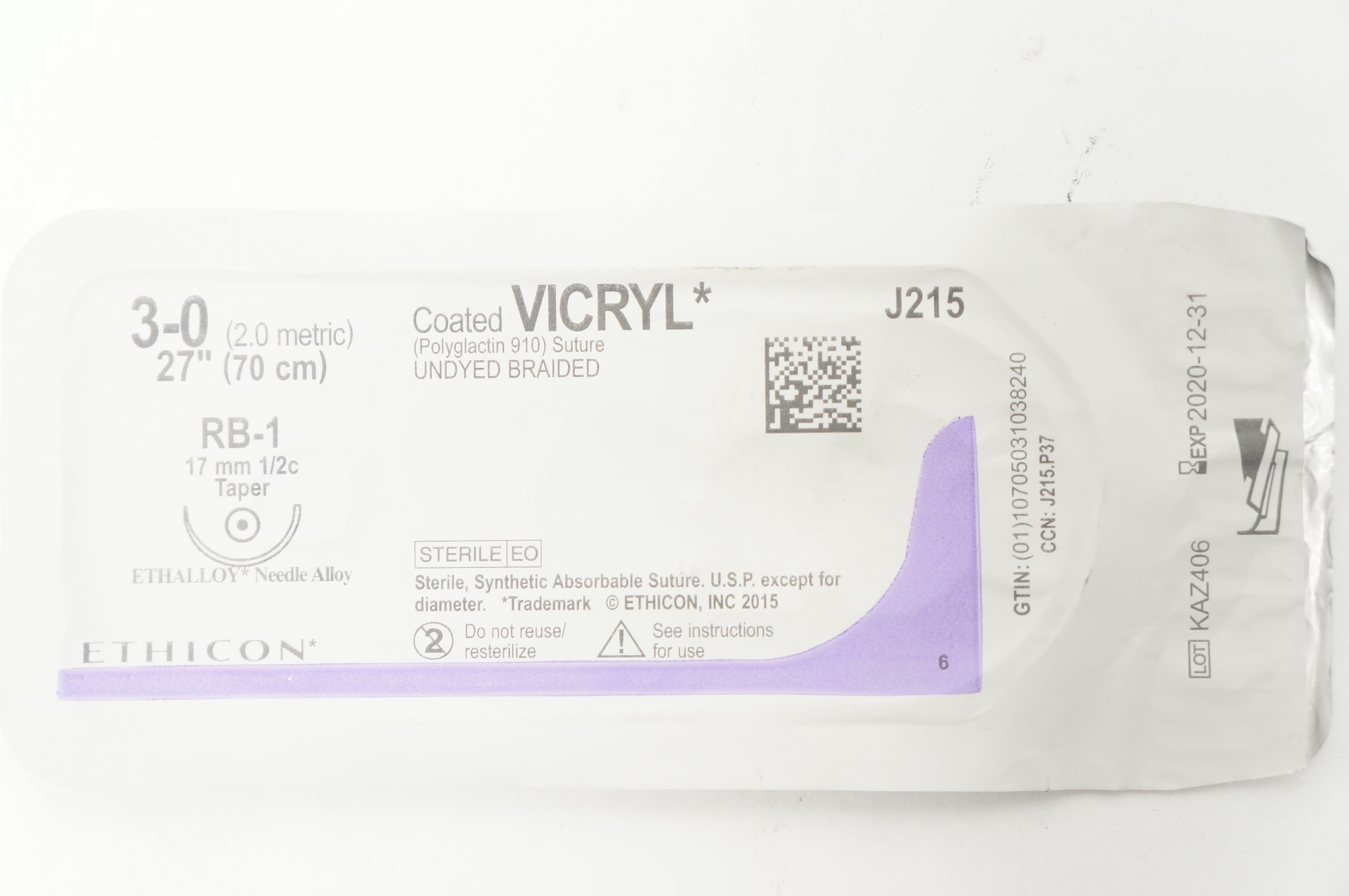Ethicon J215 3-0 VICRYL RB-1 17mm 1/2c Taper 27inch (x)