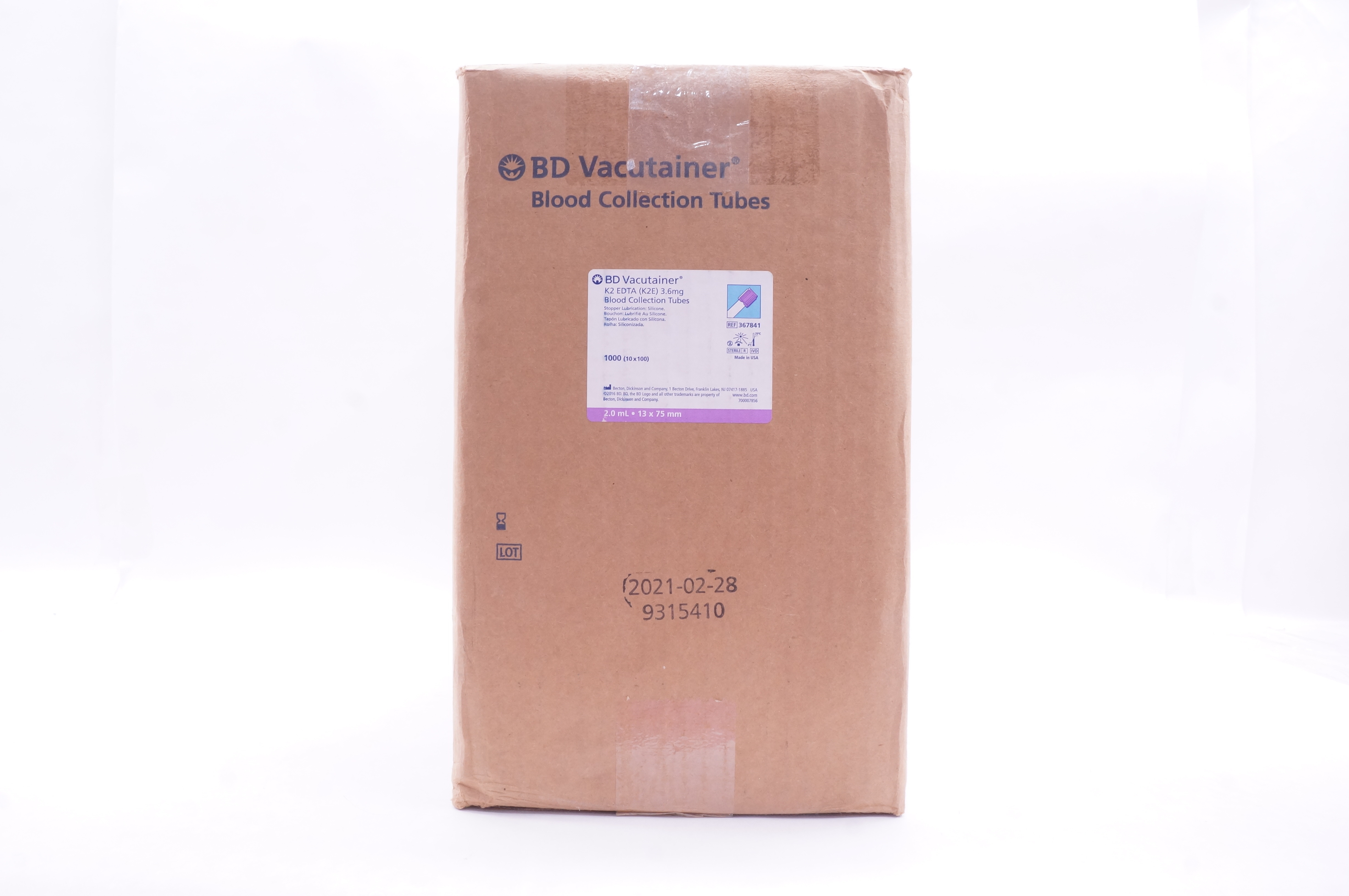 BD 367841 K2 EDTA 3.6mg Blood Collection Tubes 2ml 13 x 75mm (x) -Box of 100