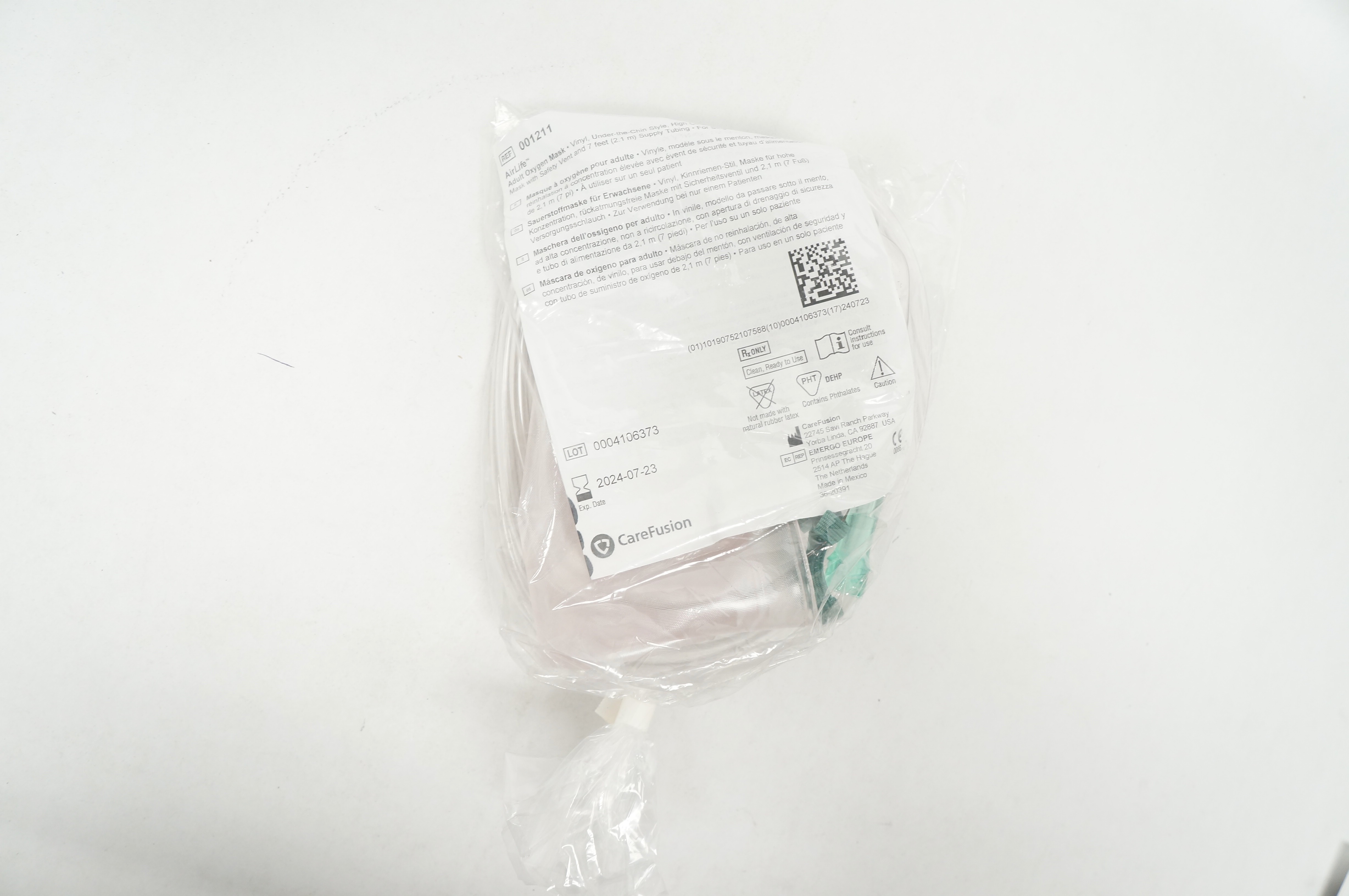 CareFusion 001211 AirLife Adult Oxygen Mask with Safety Vent & 7ft. Tubing