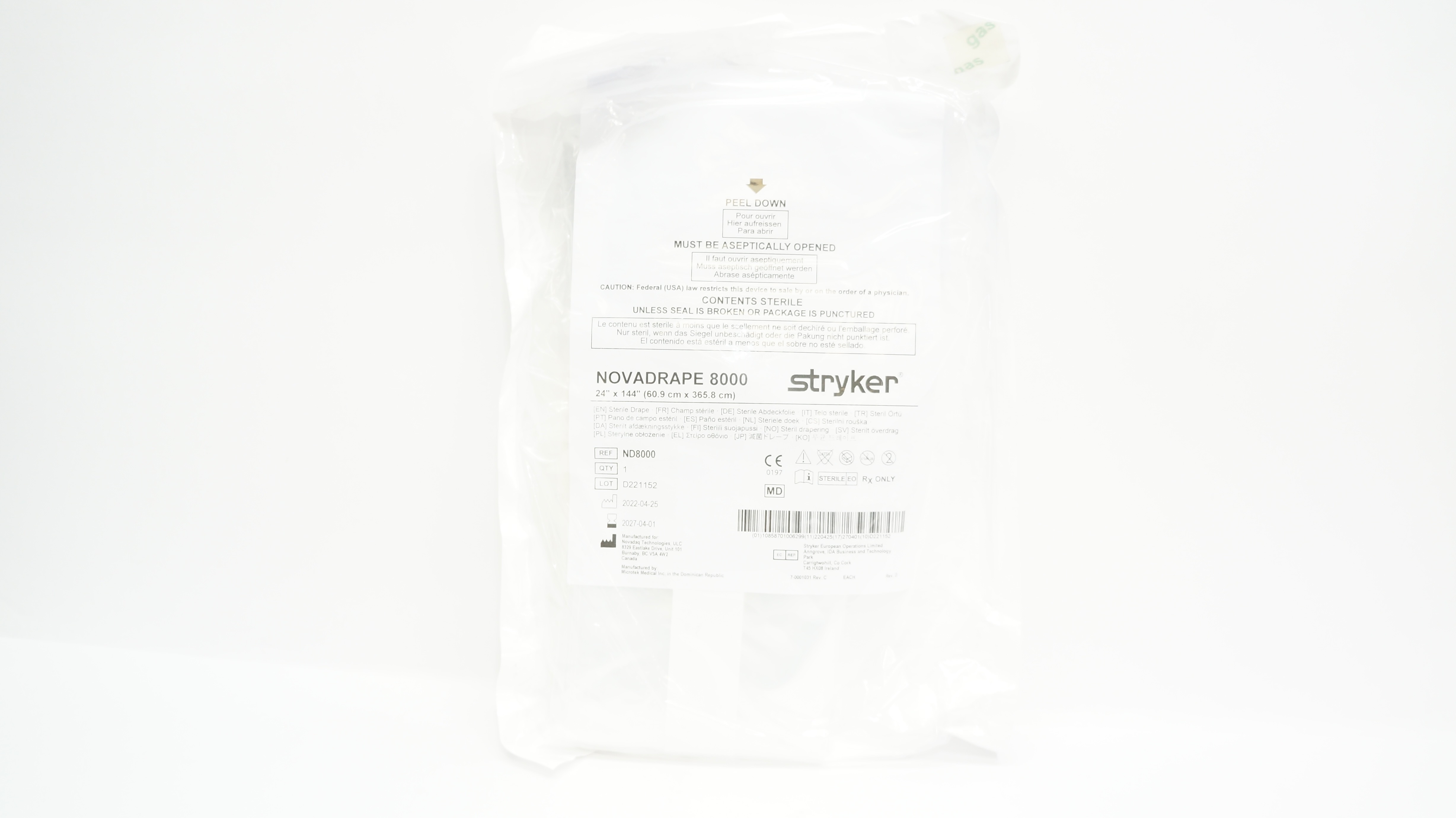 Microtek ND8000 Stryker NOVADRAPE 8000 Sterile Drape 24inch x 144inch