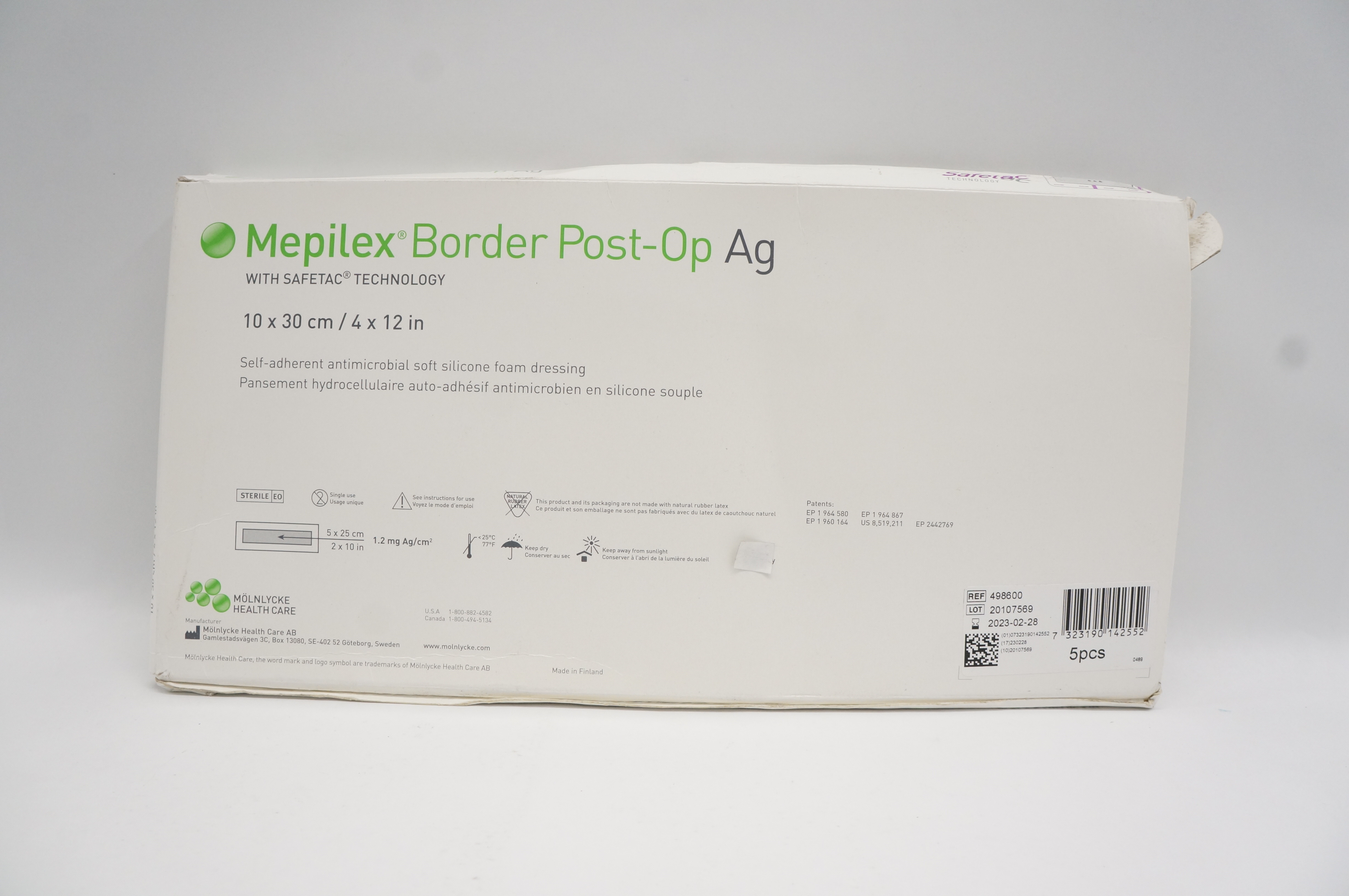Molnlycke Health Care 498600 Mepilex Border Post-On Ag 4 x 12inch - Box of 5