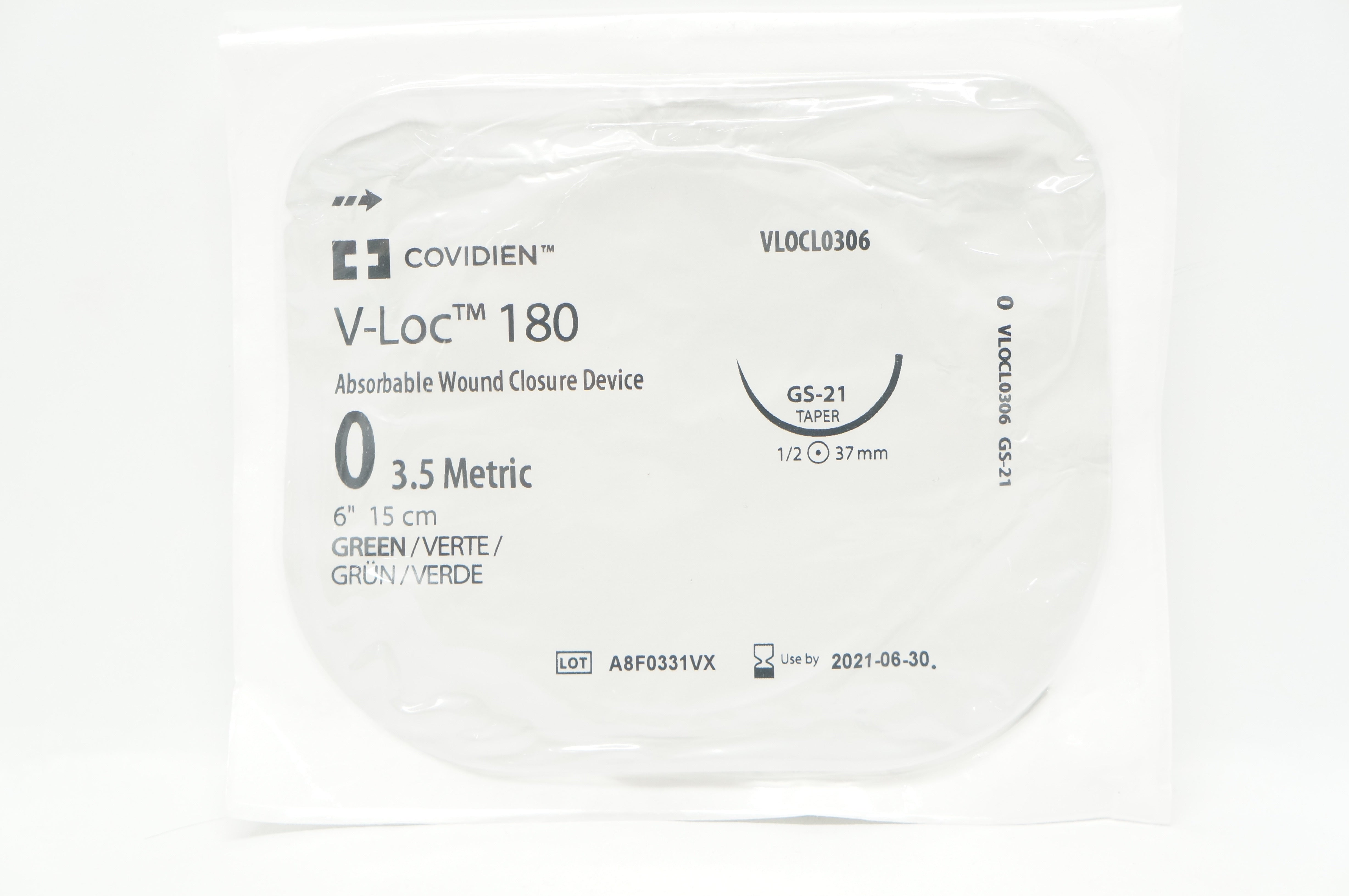 Covidien VLOCL0306 0 V-Loc 180 Green GS-21 Taper 1/2c 37mm, 6inch (x)