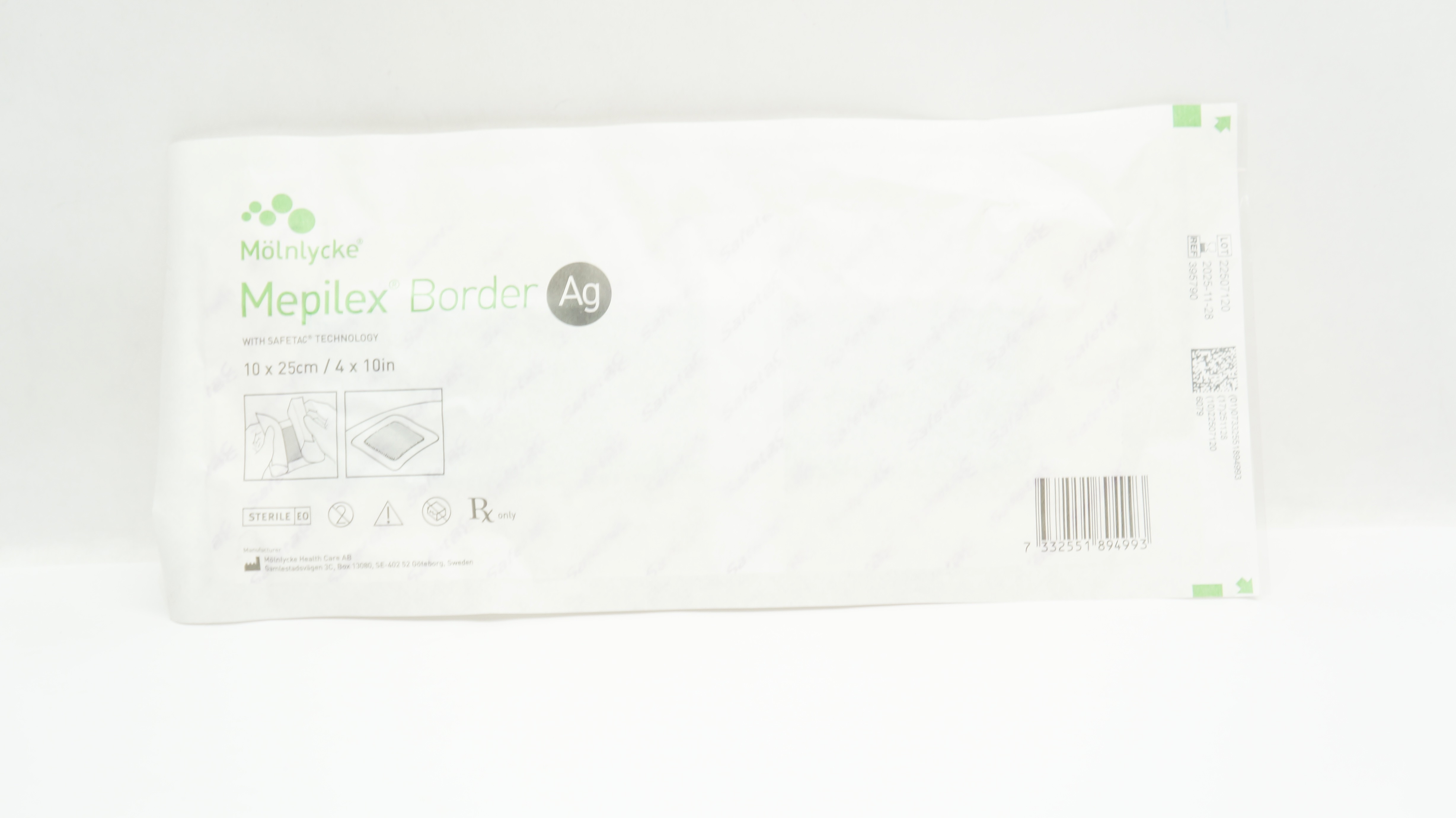 Mölnlycke 395790 Mepilex Border Ag Antimicrobial Soft Foam Dressing 4 x 10inch