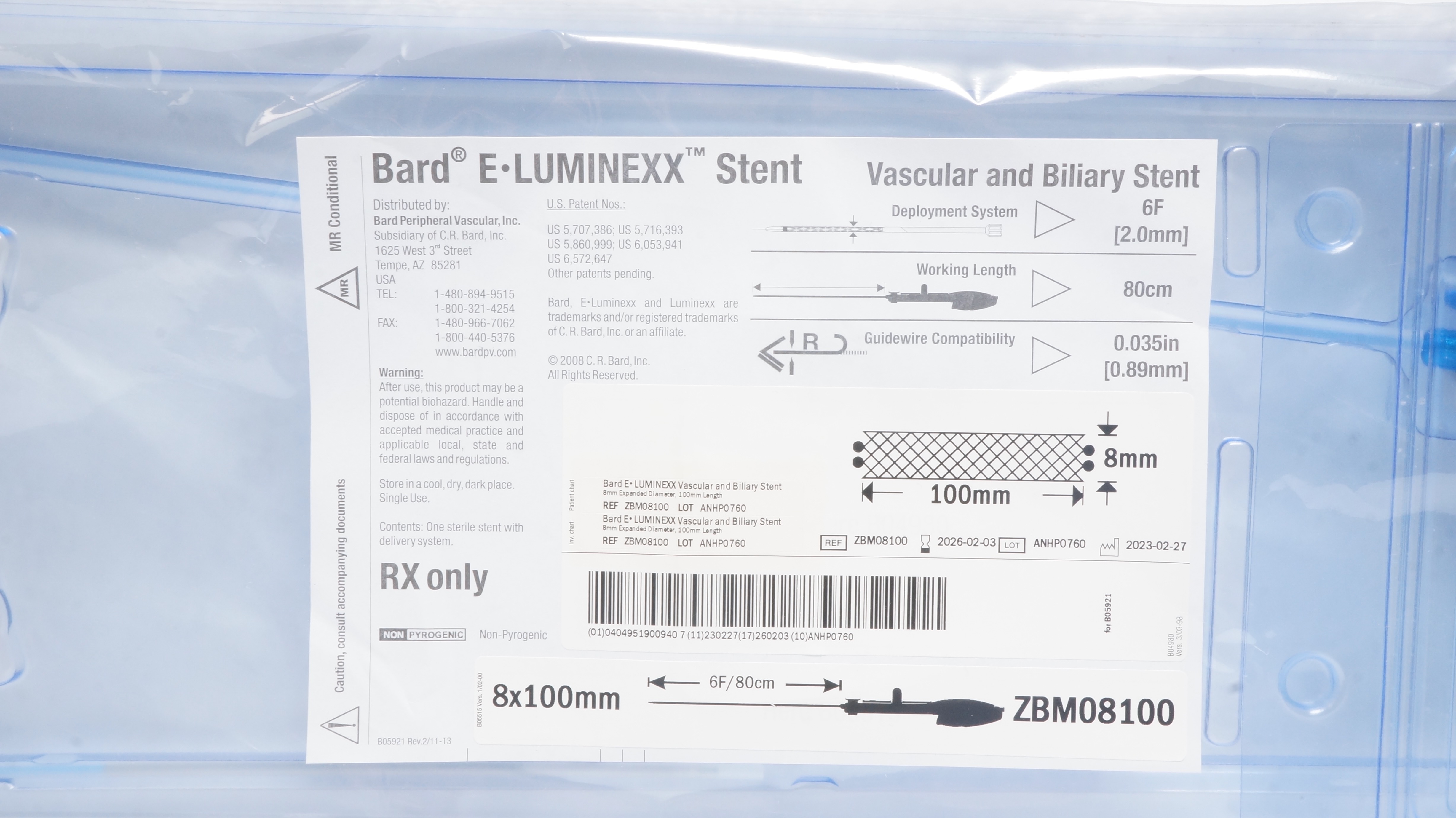 Bard ZBM08100 E.Luminexx Vascular And Biliary Stnt 8x100mm, 6Fx 80cm x 0.035inch